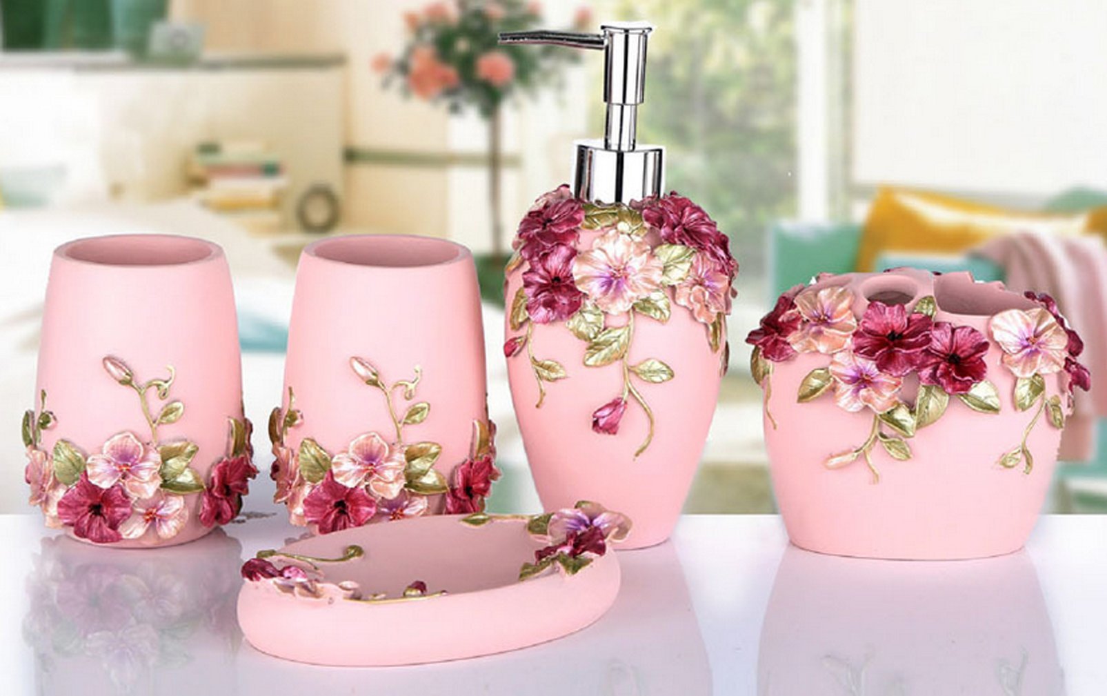 3D Floral Resin Bathroom Accessories Set - 5 Piece Soap Dispenser, Toothbrush Holder, Tumbler & Soap Dish in Pink - Country Style Decor for Bathroom, Vanity, Guest Room & Spa
