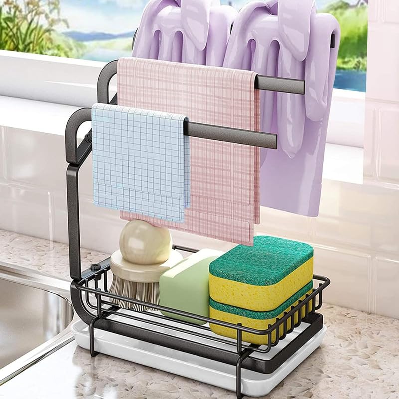 MosQuick® Heavy-Duty Stainless Steel 3-Bar Sink Caddy with Drain Tray - Sponge Holder, Kitchen Towel Rack & Soap Stand - Perfect for Organizing Kitchen Sink Accessories (Black) - Ideal for Small Kitchen Spaces, Apartment Living & RV Use