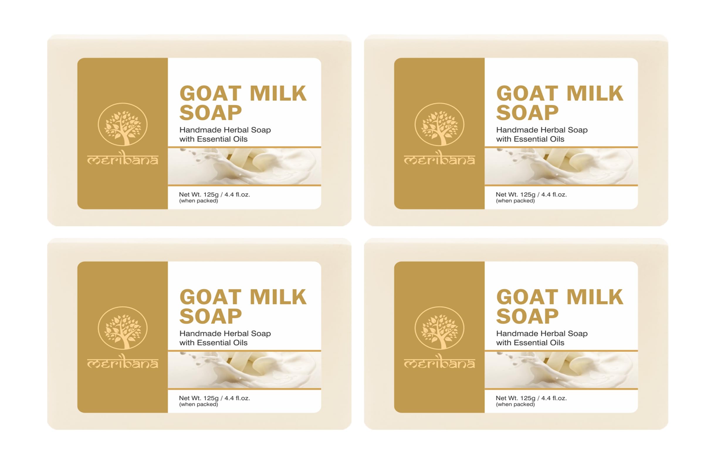 MeriBana Handmade Herbal Goat Milk Soap Bar - 4 Pack (4 x 125g) - Natural Moisturizing & Exfoliating Soap for Sensitive Skin - Perfect for Daily Face & Body Wash, Gift Sets & Spa Treatments