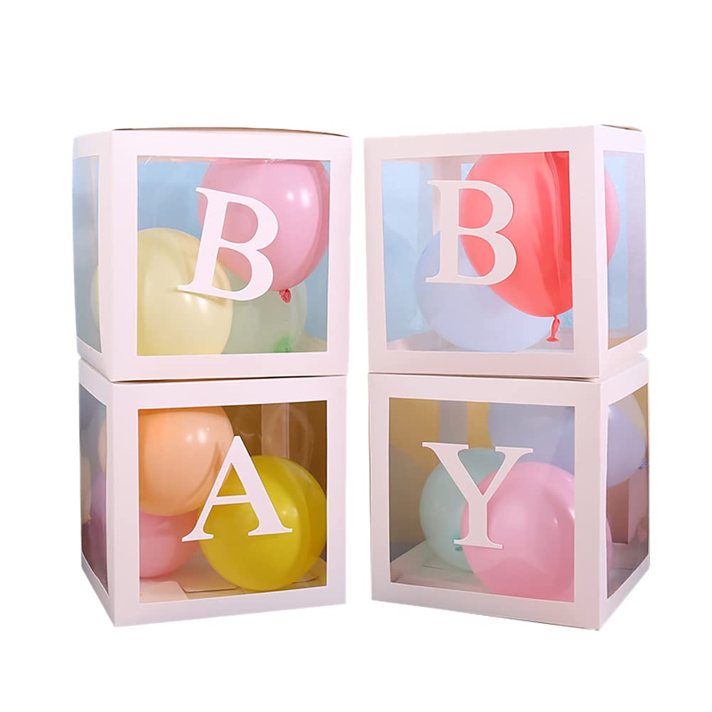 4Pcs White Transparent Square Baby Shower Boxes with Baby Letters - Perfect for Baby Shower Decorations, Birthday Party Supplies & Theme Parties (Gender Neutral for Boy or Girl) | Ideal for Nursery Decor, Gender Reveal Events & First Birthday Celebrations