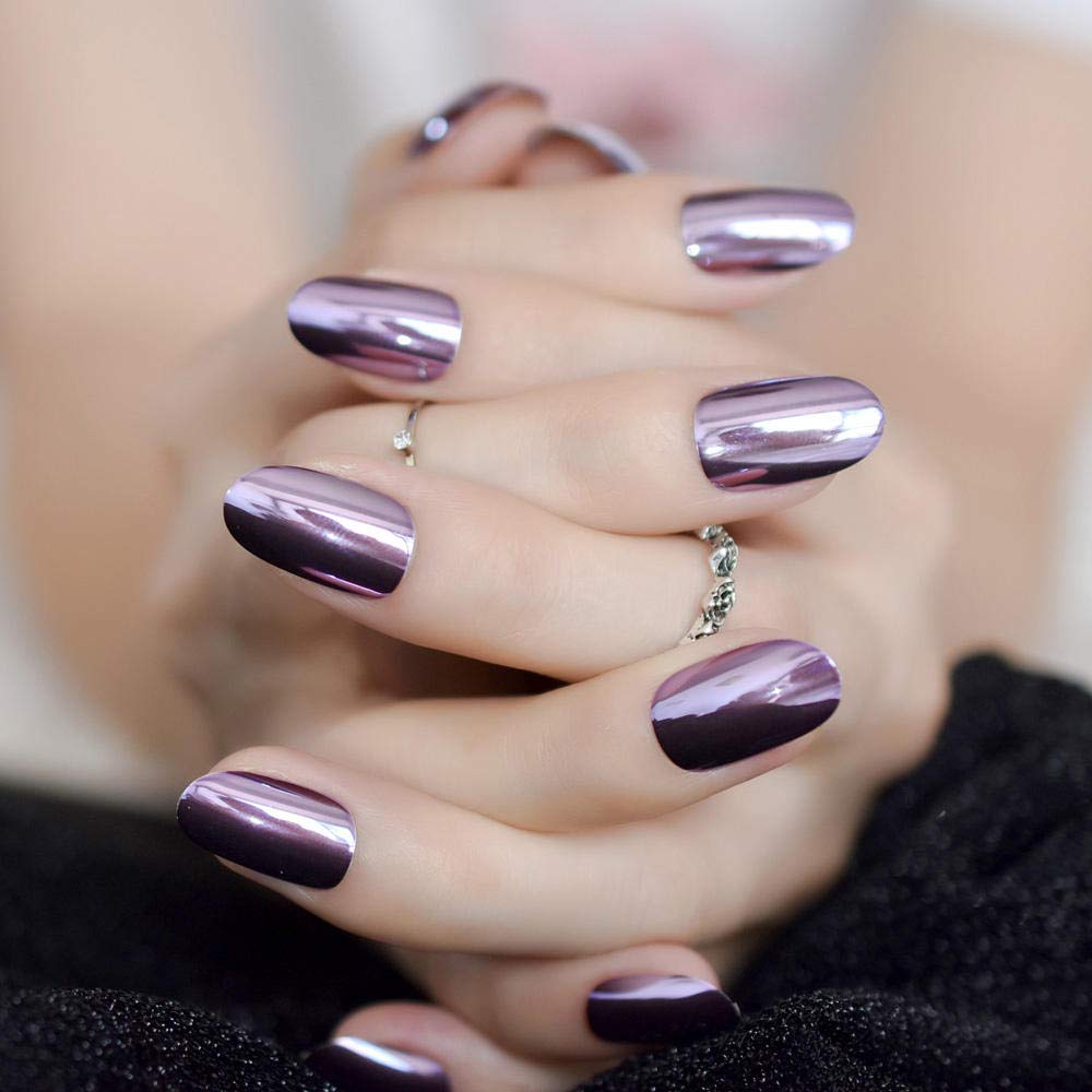 24PCS Light Purple Metallic False Nails with Mirror Finish - Pre-Designed Round Full Cover Fake Nails for Manicure - Perfect for Parties, Weddings & Special Occasions