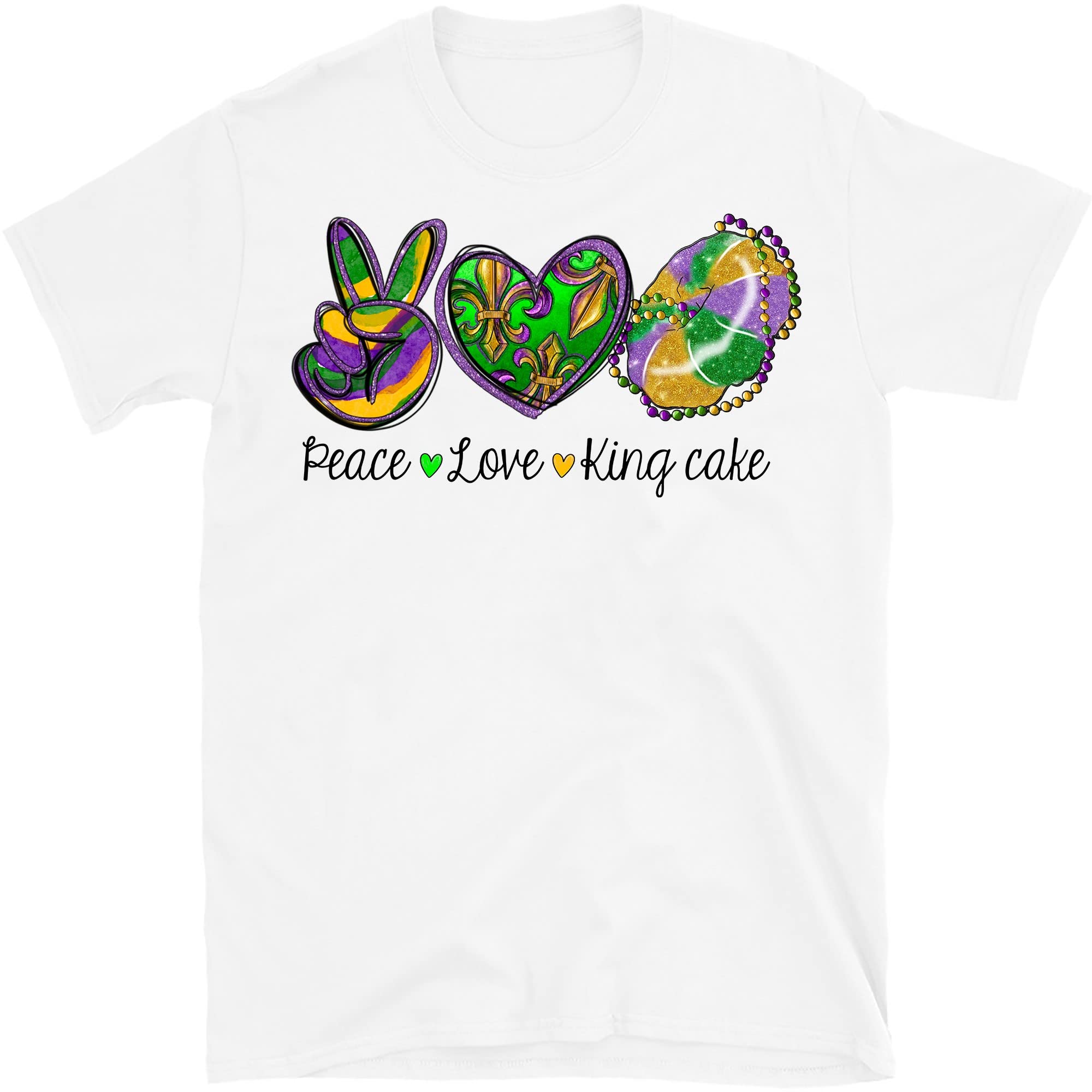Peace Love King Cake Mardi Gras T-Shirt - Fun Mardi Gras Party Tee for Festivals, Parades & Celebrations
