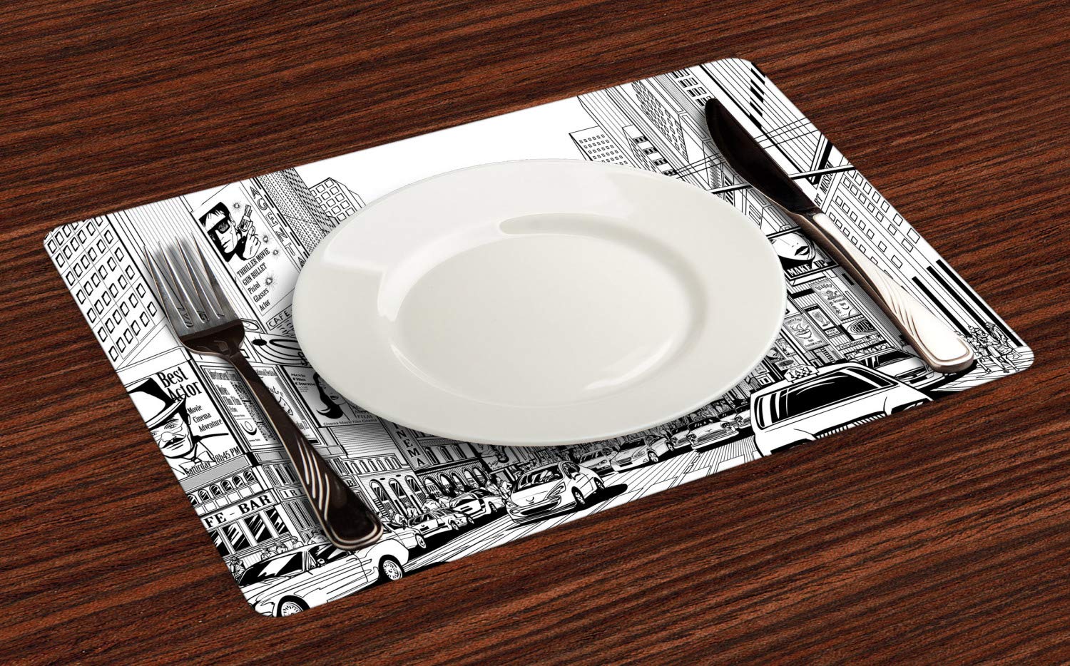 Ambesonne NYC Place Mats Set of 4 - New York City Street Scene Monochrome Sketch with Cars, People & Buildings - Washable Fabric Table Mats for Dining Room & Kitchen Decor in Charcoal Grey & White - Perfect for Urban Home Decor & Dinner Parties