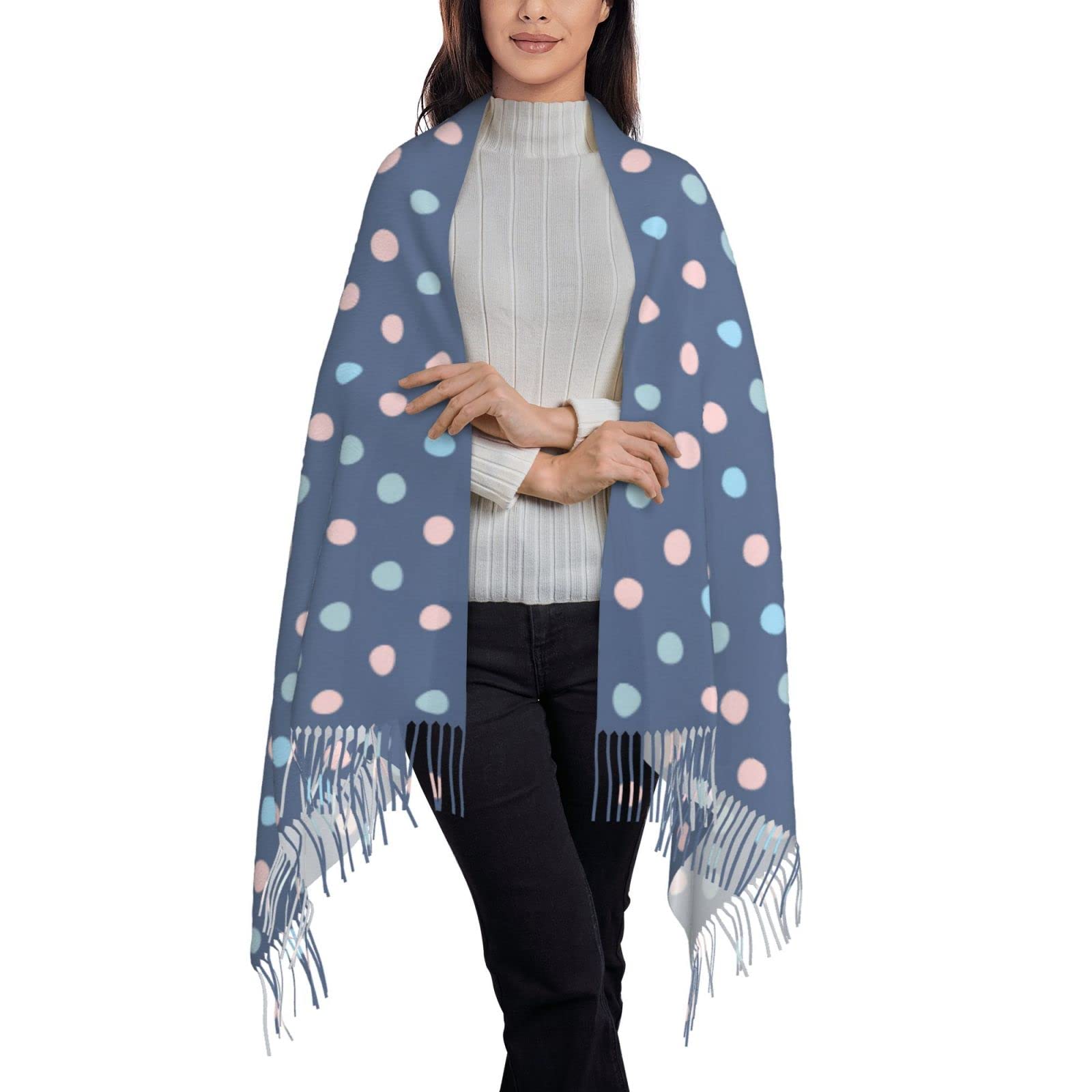 Bagea-Ka Navy Blue Crayon Dots Pashmina Scarf for Women - Soft Warm Long Shawl Wrap with Tassels - Perfect for Winter, Office, Travel & Gift Giving