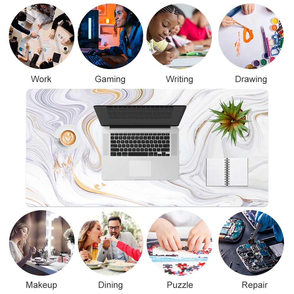 QIYI White Marble Mouse Pad - Large PU Leather Desk Mat with Gold Grey Stripes, Non-Slip Waterproof Keyboard & Gaming Mouse Pad (31.5