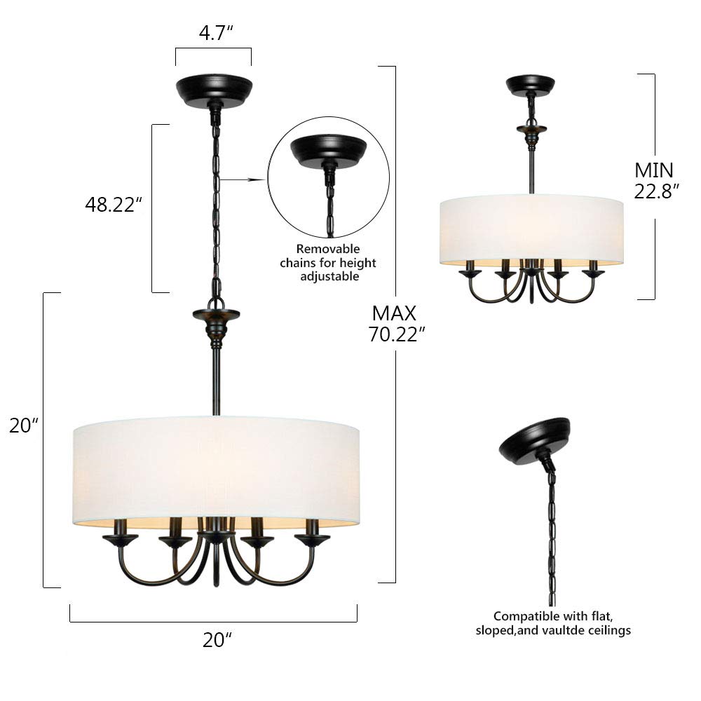 Modern White Drum Chandelier with Linen Shade - 5-Light Traditional Ceiling Fixture, 20