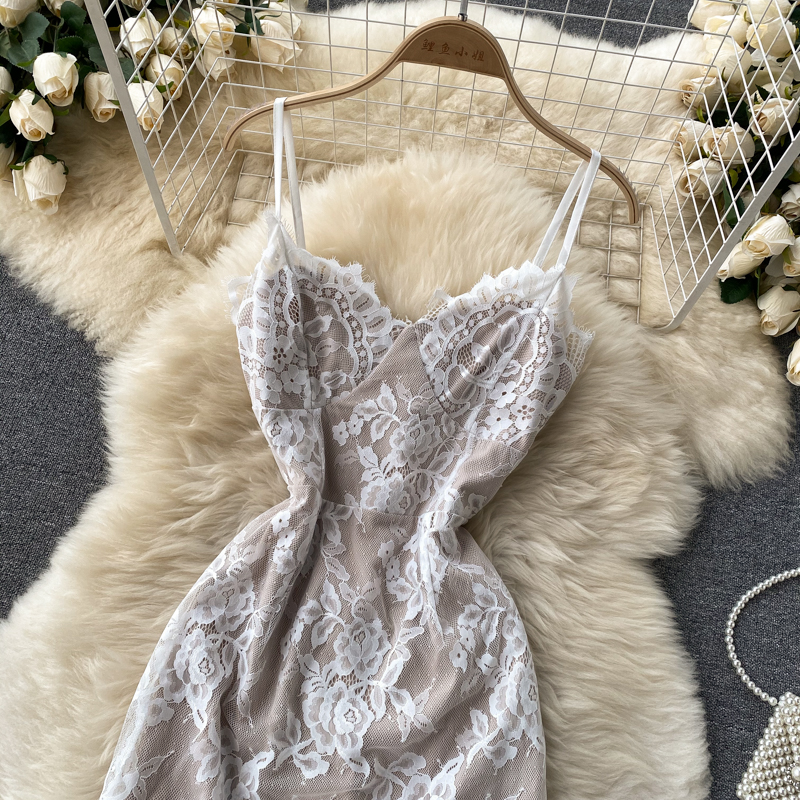 Elegant Lace Sheath Midi Dress with Spaghetti Straps - Perfect for Date Night & Evening Parties
