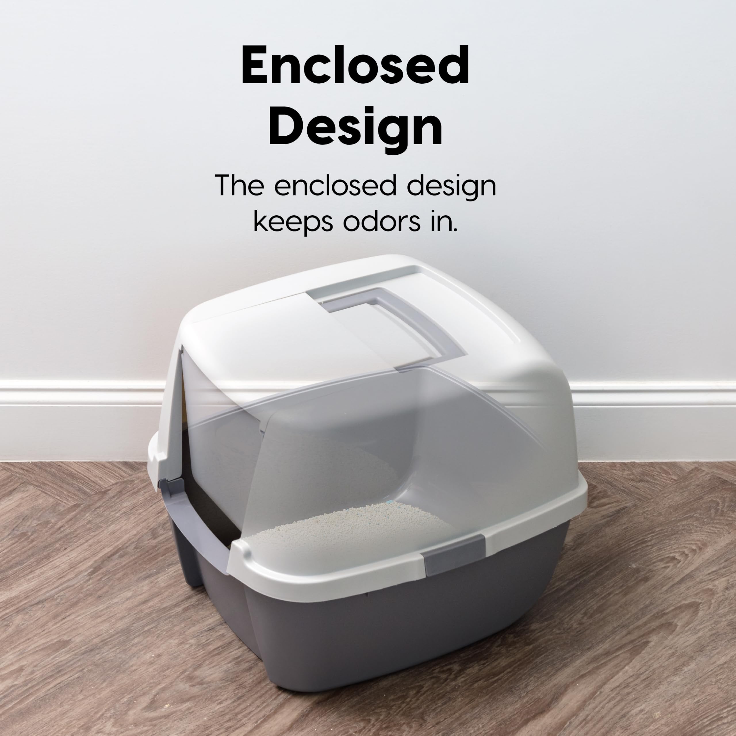 IRIS USA Enclosed Cat Litter Box with Front Door Flap & Scoop - Portable Covered Kitty Litter Box with Handle & Buckles for Privacy - Dark Gray - Perfect for Small Spaces & Multi-Cat Homes