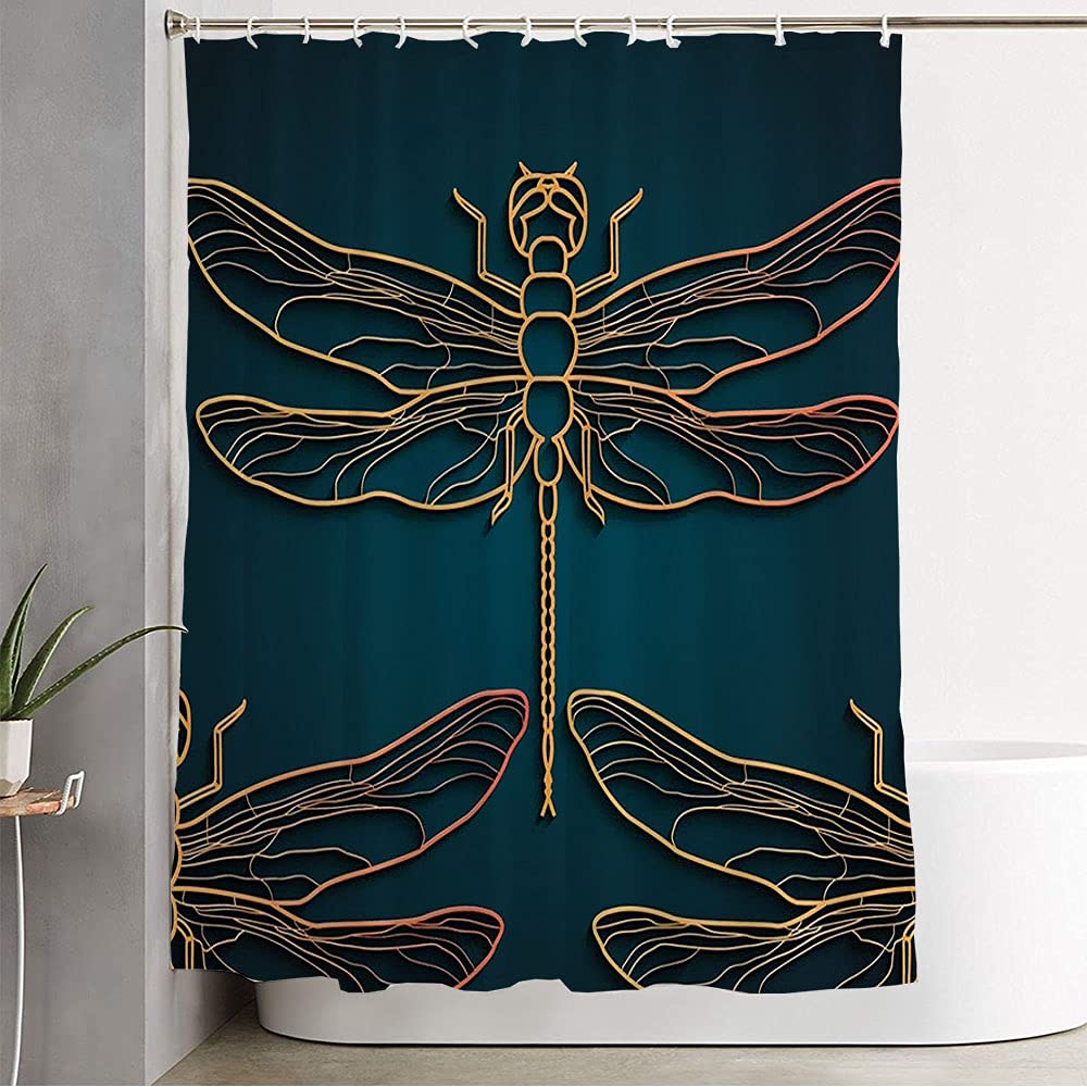 Vintage Dragonfly Pattern Bathroom Shower Curtain Set - Black Abstract Textured Design with Hooks, 60x72 Inches - Perfect for Boho, Farmhouse & Vintage Style Bathroom Decor