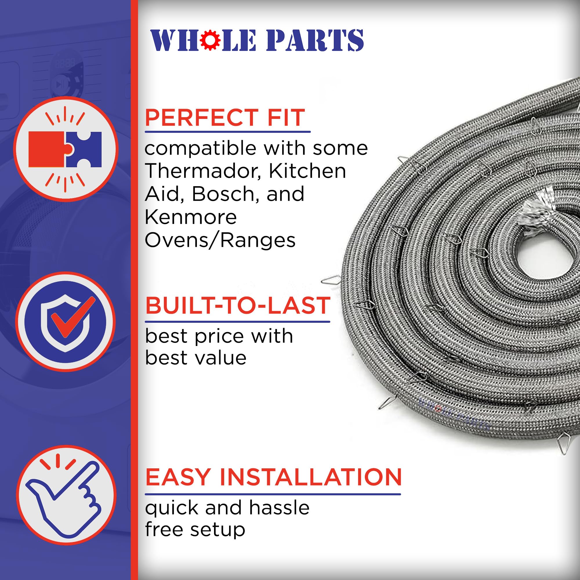 Thermador KitchenAid Bosch Kenmore Range Oven Door Seal Gasket Replacement - Whole Parts 00486767 with 33 Mounting Clips | Compatible with Multiple Brands | Perfect for Leak Prevention & Energy Efficiency in Home Kitchens