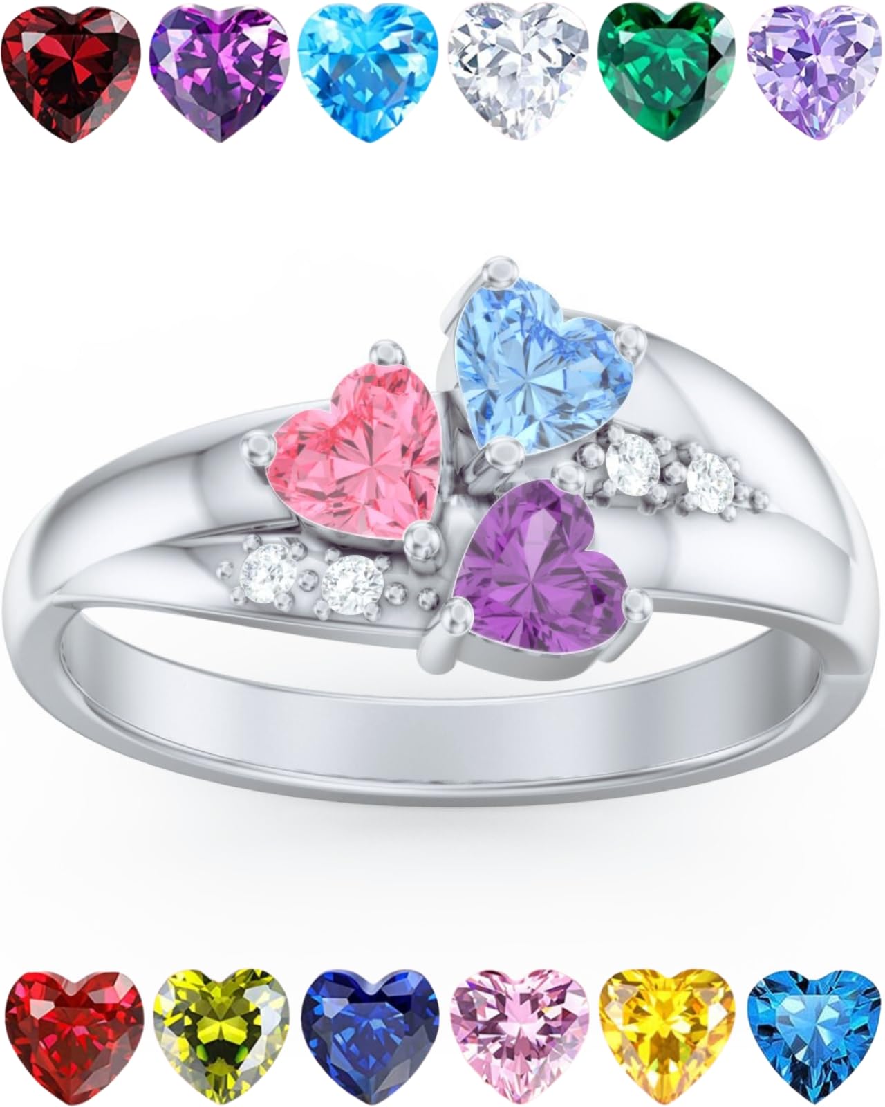 Custom 3 Birthstone Mothers Rings with Engraved Names - Sterling Silver, 10K & 14K White Gold - Personalized Jewelry for Women (Sizes 5-12) - Perfect Gift for Mother's Day, Birthday & Anniversary