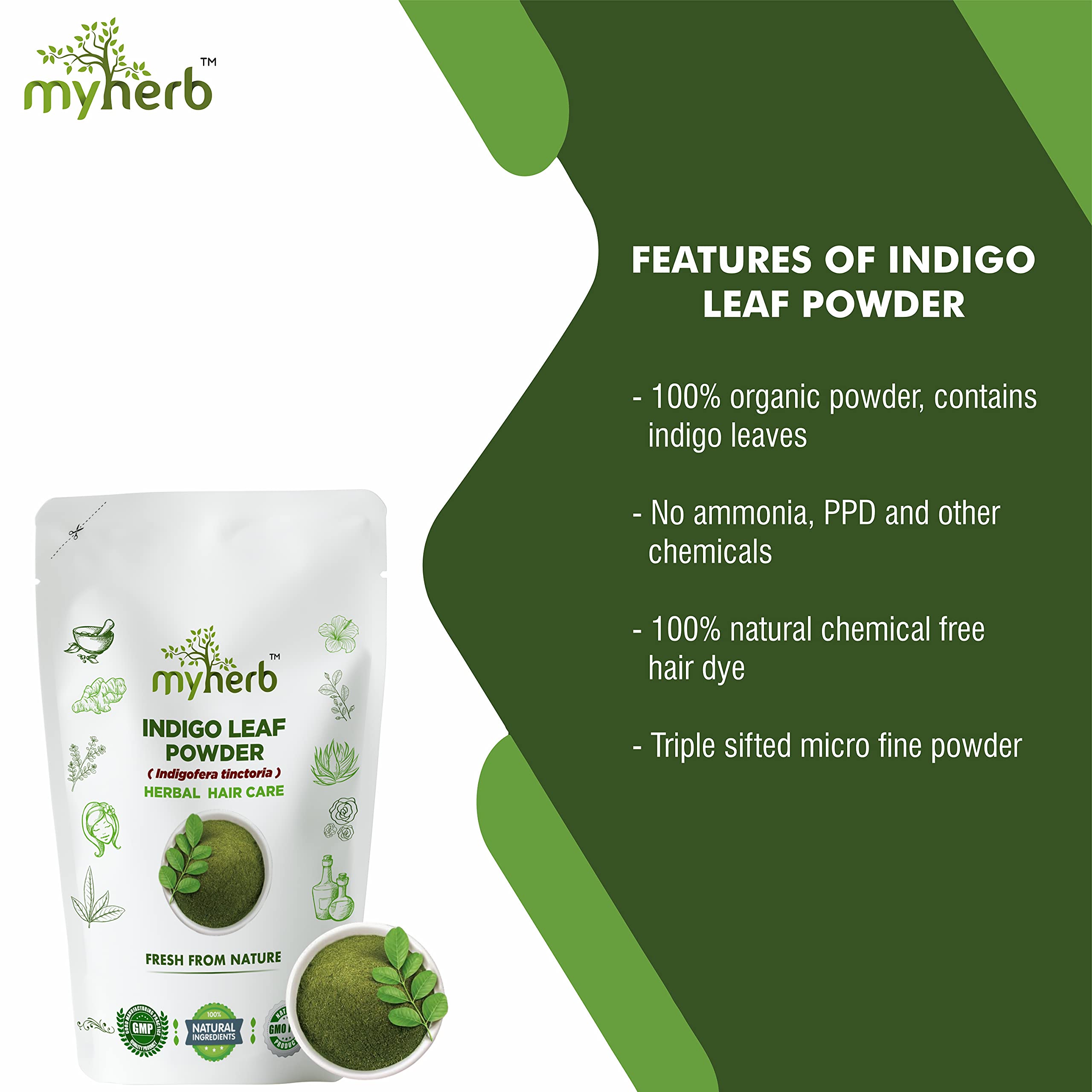 MYHERB 100% Natural Organic Indigo Leaf Powder (Indigofera tinctoria) - 8oz/227g for Hair Growth & Black Hair Care - Men & Women - DIY Herbal Hair Dye & Scalp Treatment for Natural Gray Coverage & Healthy Locks