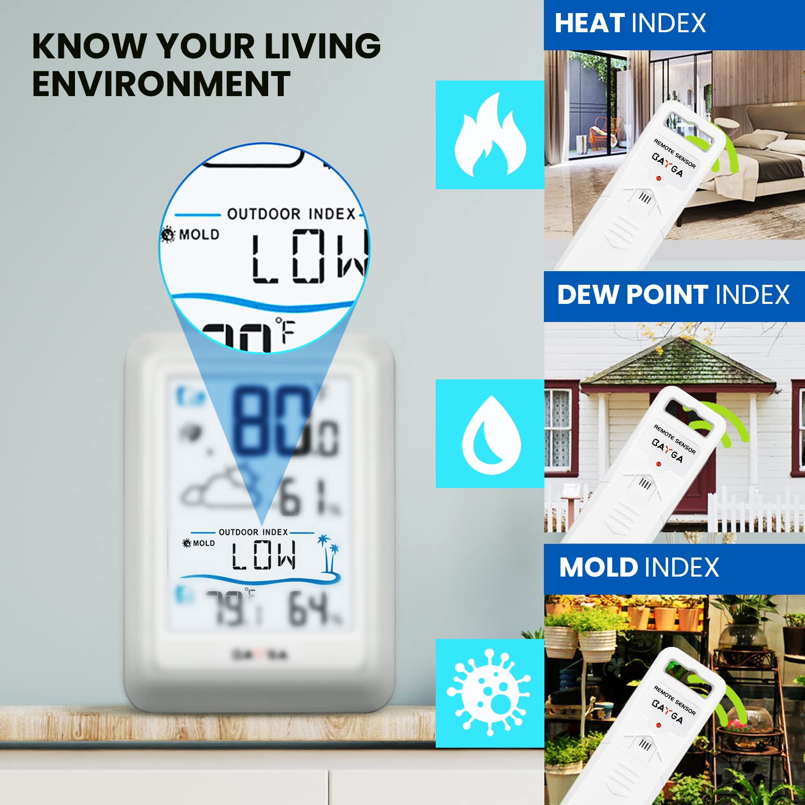 BAYGA Wireless Indoor Outdoor Thermometer - Digital Weather Station with 330ft Range Remote Sensor, Temperature & Humidity Monitor, Heat/Dew/Mold Index, 10s Backlight - Perfect for Home, Greenhouse, Baby Room & Weather Monitoring