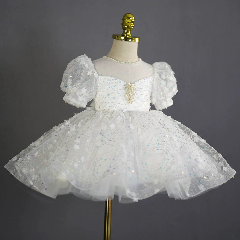 White Princess Sweetheart Tea-Length Tulle Flower Girl Dress for Weddings, First Communion & Special Occasions