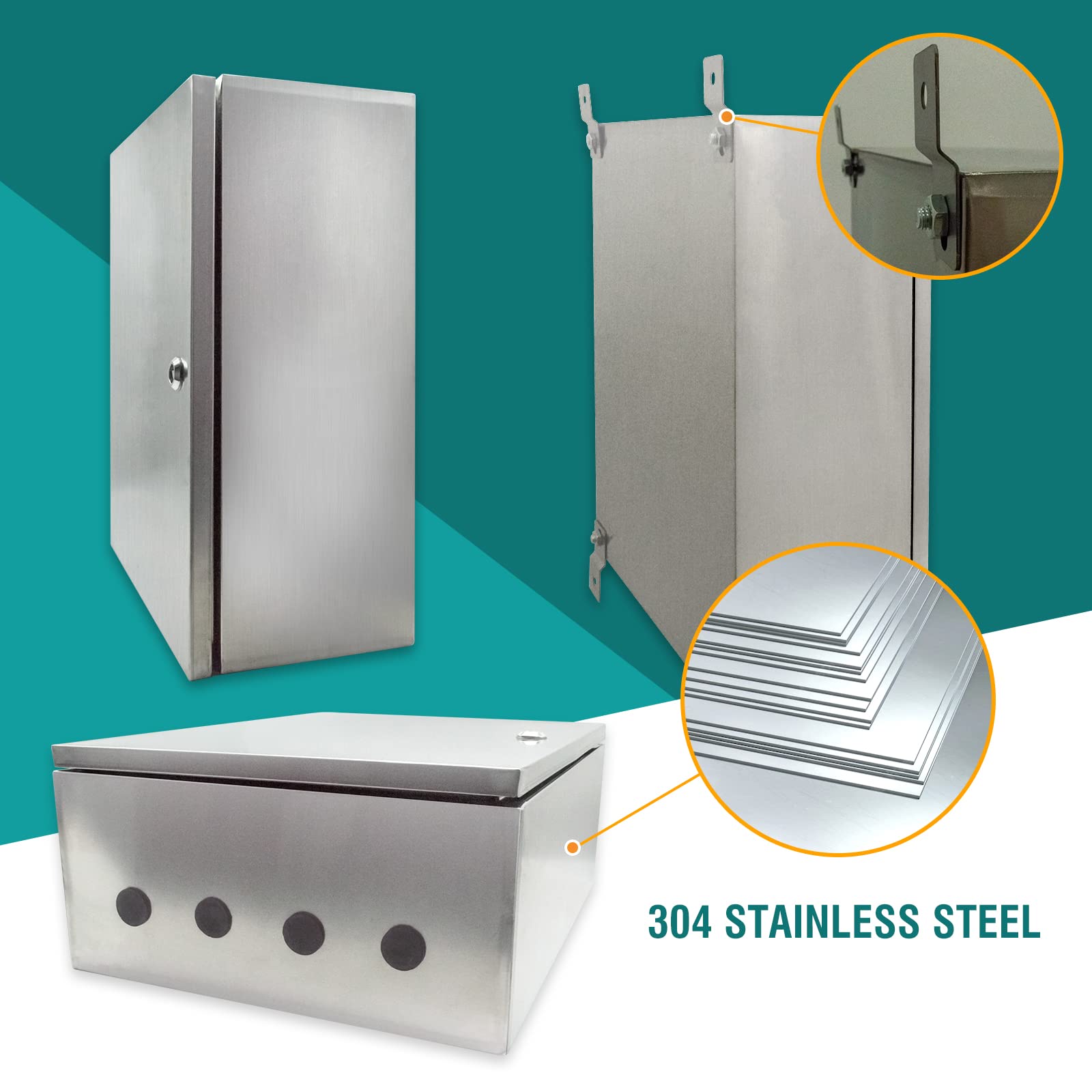 304 Stainless Steel Electrical Enclosure Box 20x16x8 Inch, NEMA4X IP66 Waterproof Outdoor Electrical Junction Box with Lock & Mounting Plate - Ideal for Industrial Equipment, Solar Panel Systems & Outdoor Electrical Installations