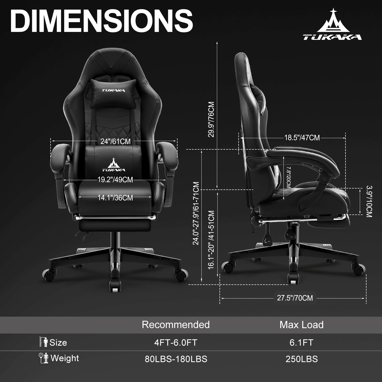 Premium Ergonomic Gaming Chair with Massage, Footrest & Adjustable Lumbar Support - Reclining Leather Office Desk Chair for PC Gamers - Perfect for Esports, Streaming & Long Work Sessions - Black