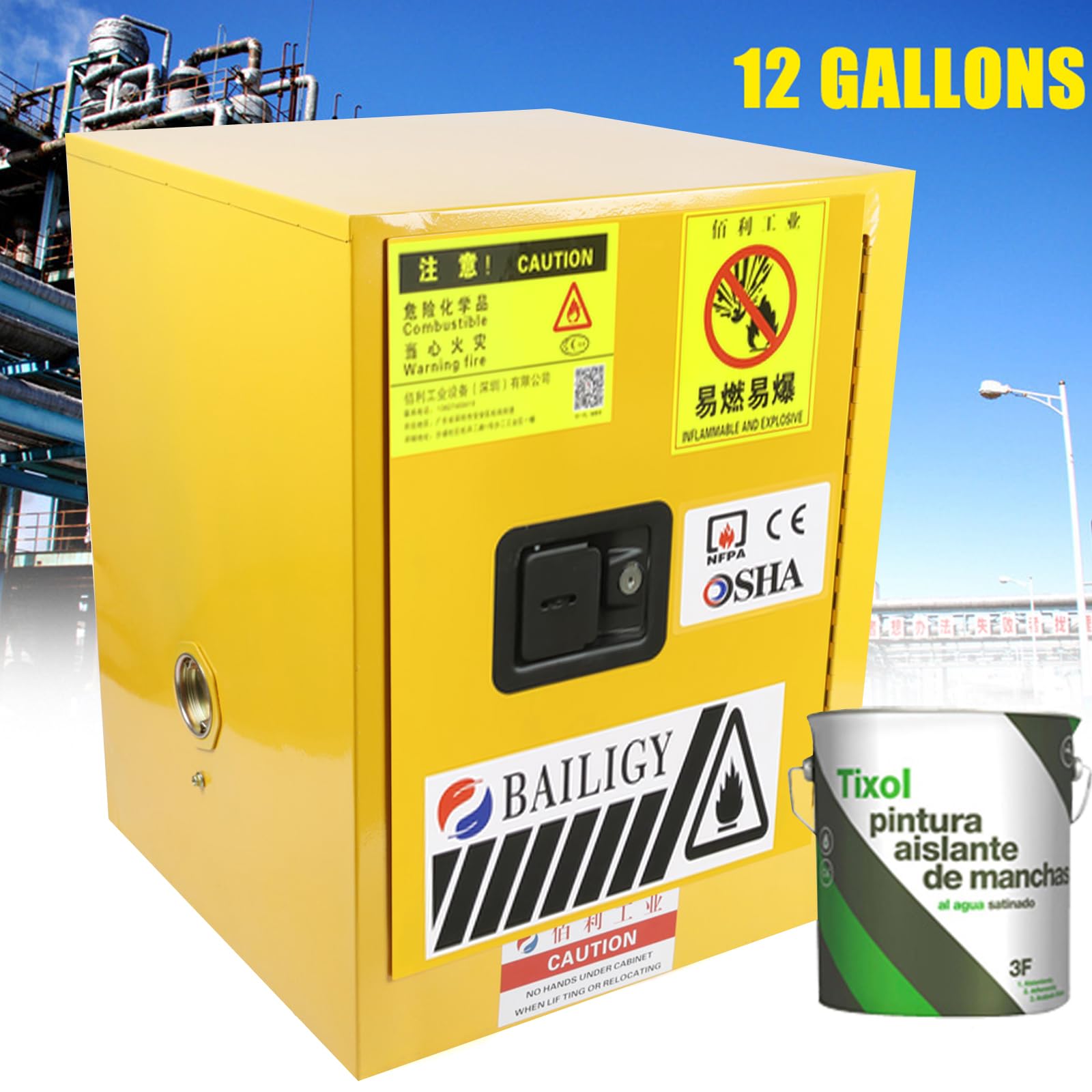 12 Gallon Flammable Liquid Safety Storage Cabinet - Leak-Proof, Manual Close, Welded Steel Construction with Adjustable Shelf & Warning Label - Ideal for Commercial Workshops, Home Garages, Laboratories & Paint Storage Areas
