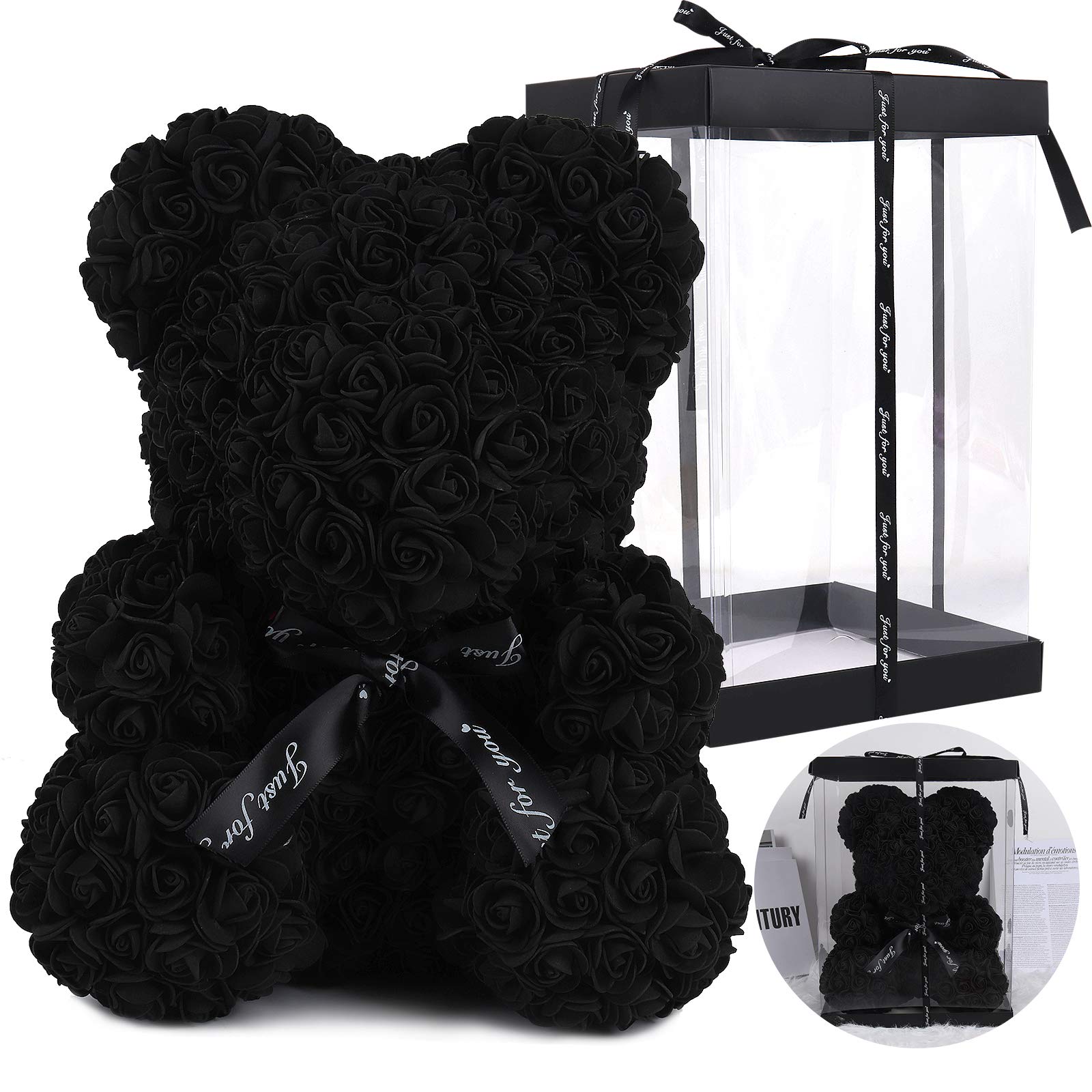 RECUTMS 10 Inch Artificial Rose Bear - Black Rose Teddy Bear Flower Gift for Valentine's Day, Mother's Day, Anniversary & Birthday | Wedding Party Decoration, Romantic Present for Girlfriend, Wife, Couples Gift Idea