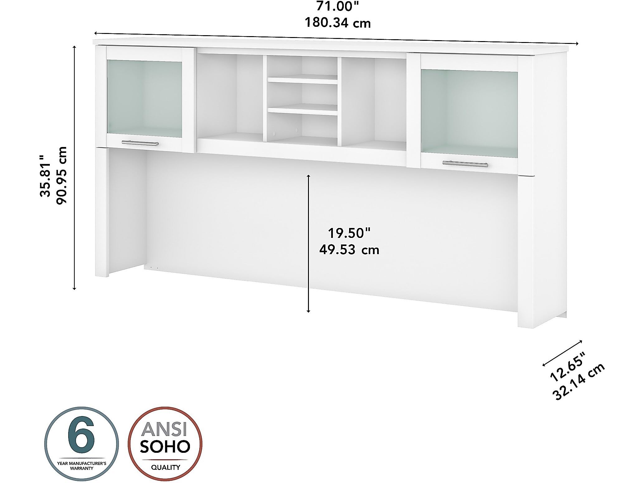 Bush Furniture Somerset 72W White Desk Hutch - Home Office Computer Desk with Storage Shelf | Perfect for Small Spaces & Remote Work