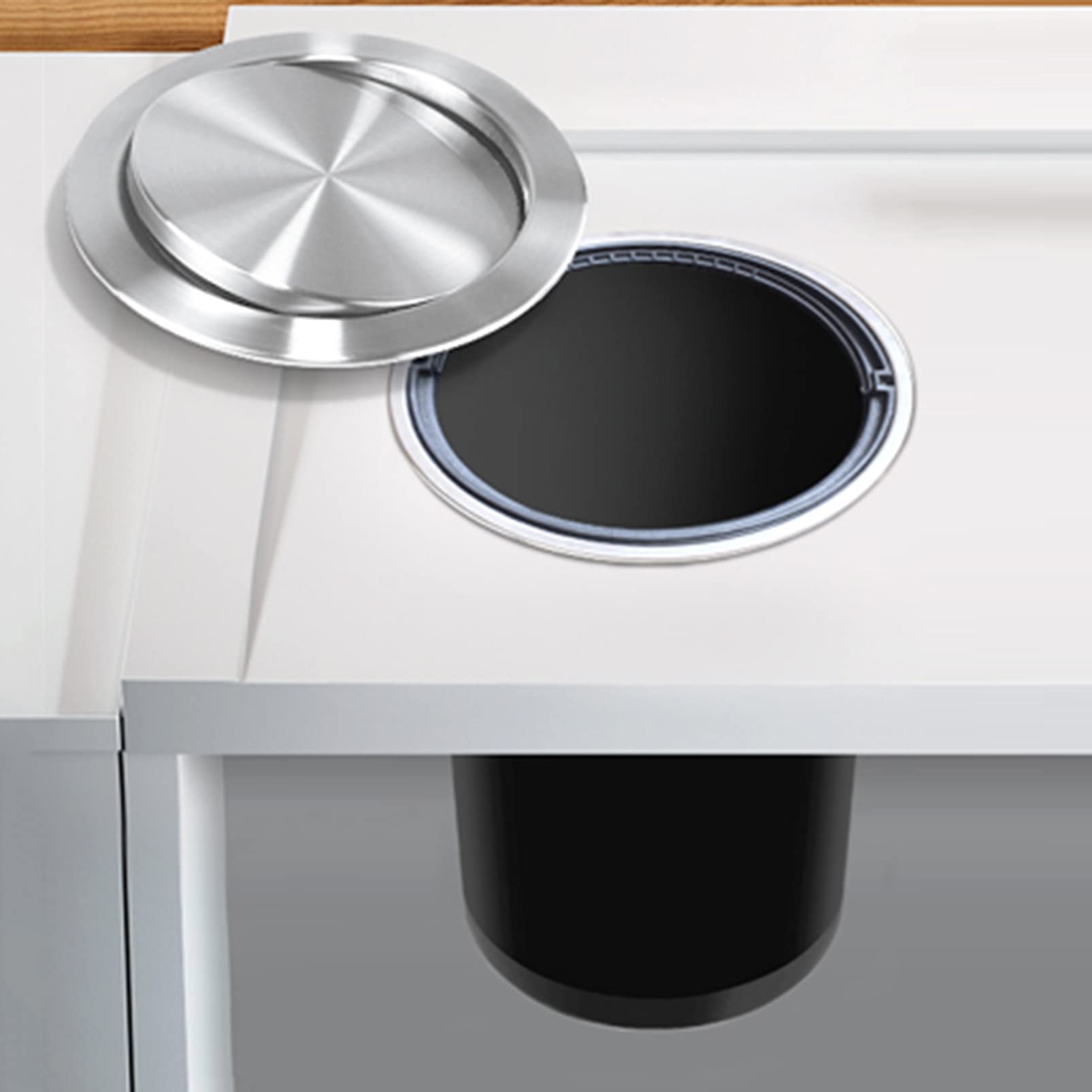Stainless Steel Built-In Countertop Trash Can with Flip Lid - Home Kitchen & Commercial Dining Table Waste Bin, PP Cleaning Bucket Set for Easy Disposal & Hygiene Maintenance | Perfect for Small Spaces, Restaurants & Modern Kitchens