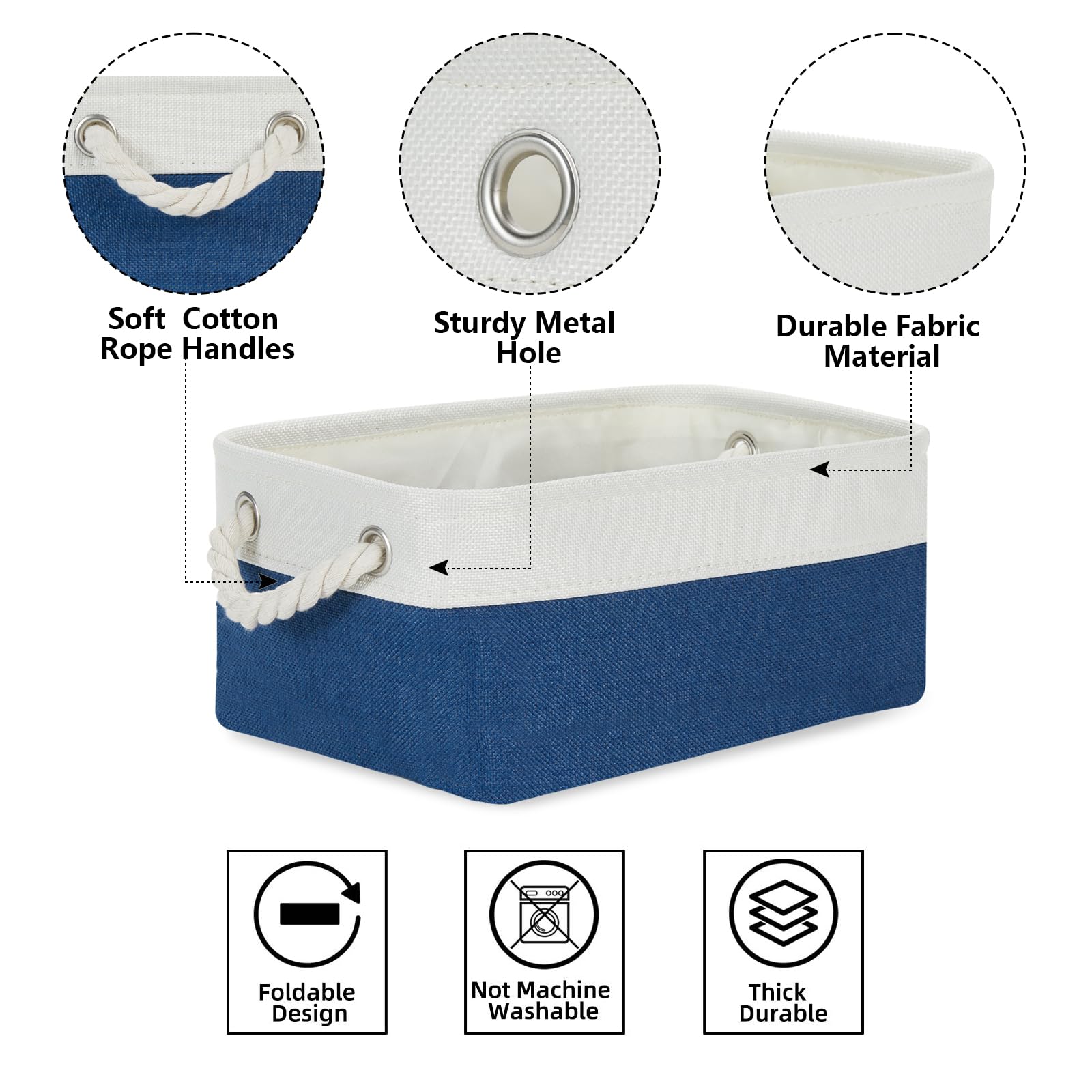 Bidtakay 6-Pack Small Canvas Storage Baskets with Handles - Navy Blue & White Fabric Storage Bins 11.8