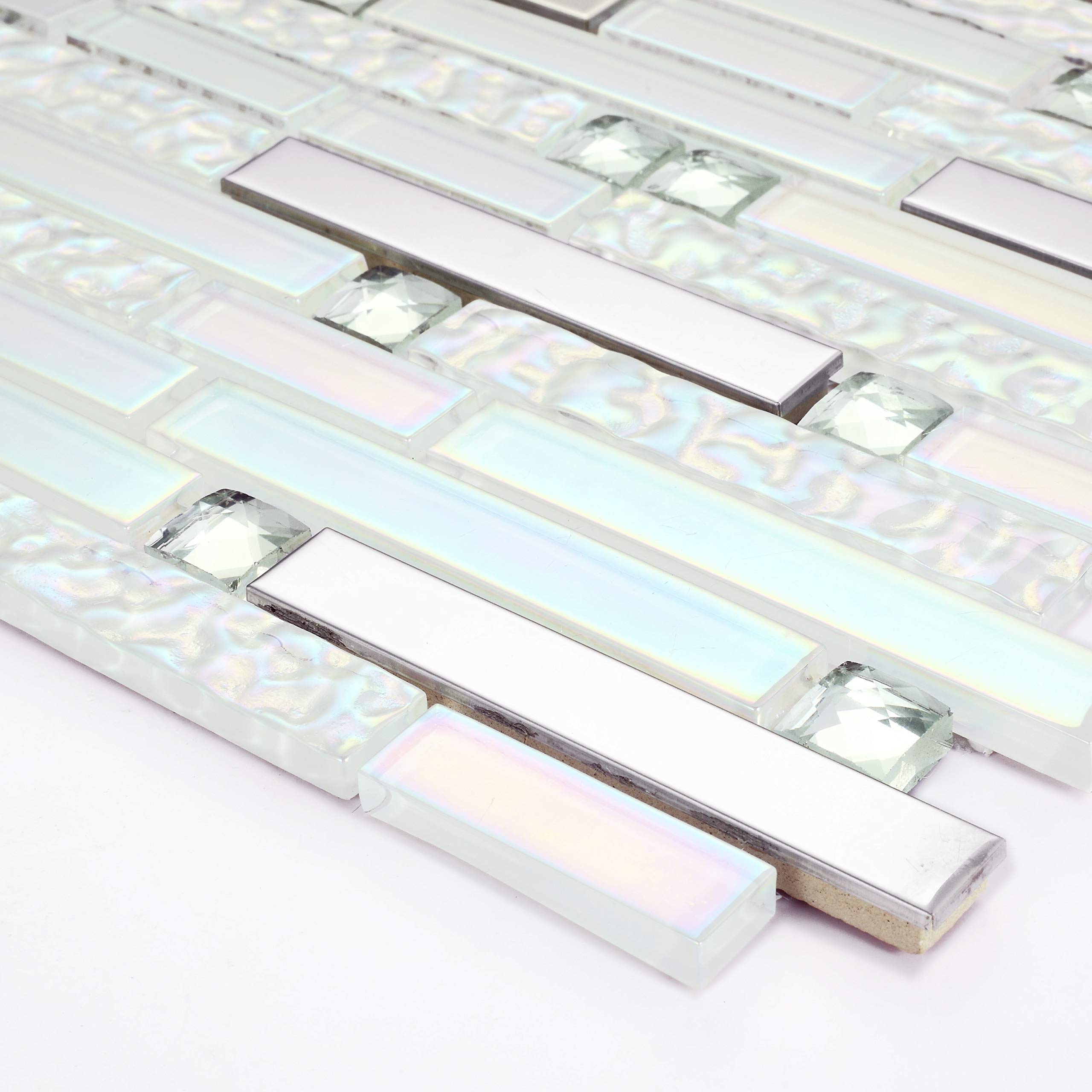 Iridescent White Glass & Shiny Silver Stainless Steel Linear Mosaic Backsplash Tile - Interlocking Strips for Bathroom & Kitchen Walls (5 Sq Ft) - Waterproof & Easy to Clean for Showers, Backsplashes, and Accent Walls