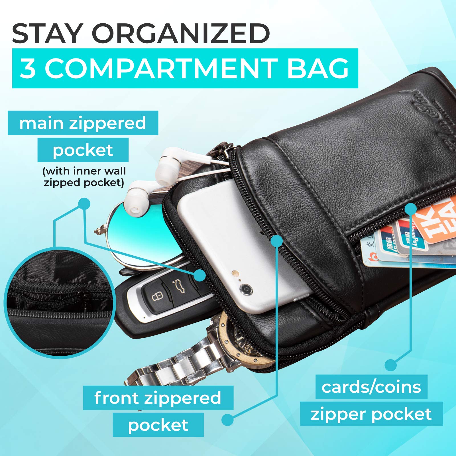 Hengwin Men's Leather Crossbody Shoulder Bag - Belt Clip Phone Holster Case with Waist Strap - Fits iPhone 16/15/14/13 Pro Max, Galaxy S24/S23 Ultra, Note 9/8 - Perfect for Hiking, Travel & Everyday Carry (Black)