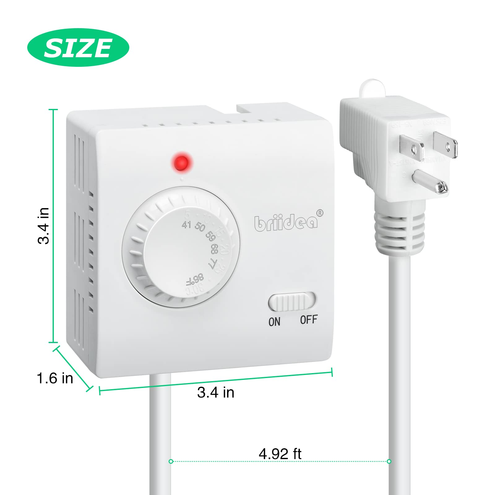 Briidea Adjustable Plug-in Thermostat for Heating & Cooling - Digital LED Display, Compatible with Space Heaters, AC Units, Fans - Perfect for Home, Reptile Tanks & Greenhouses (Energy Saving Temperature Control)