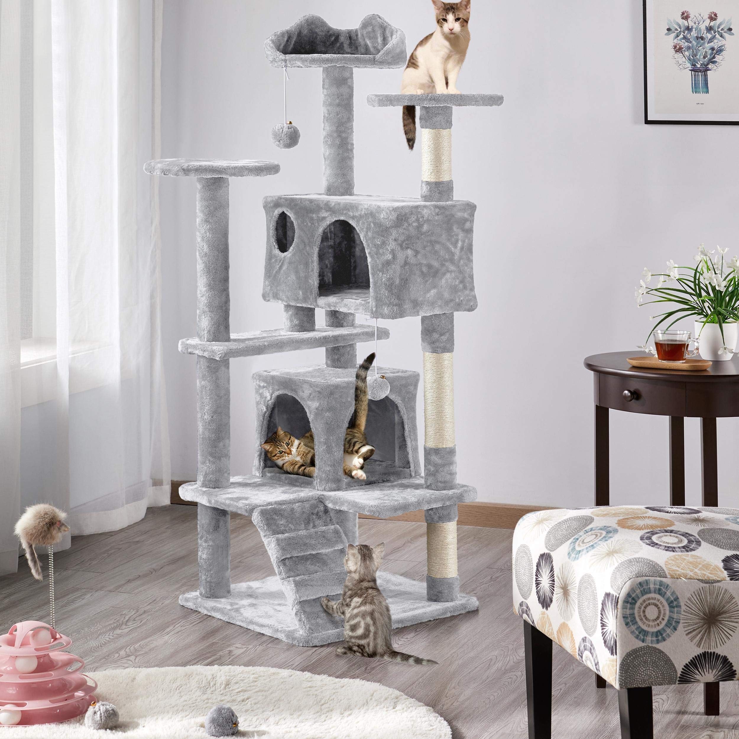 Topeakmart 54 Inch Cat Tree with Scratching Posts, Large Cat Condo & Perch - Sturdy Cat Tower Furniture for Indoor Cats (Light Gray) - Perfect for Play, Rest & Climbing in Living Rooms & Bedrooms