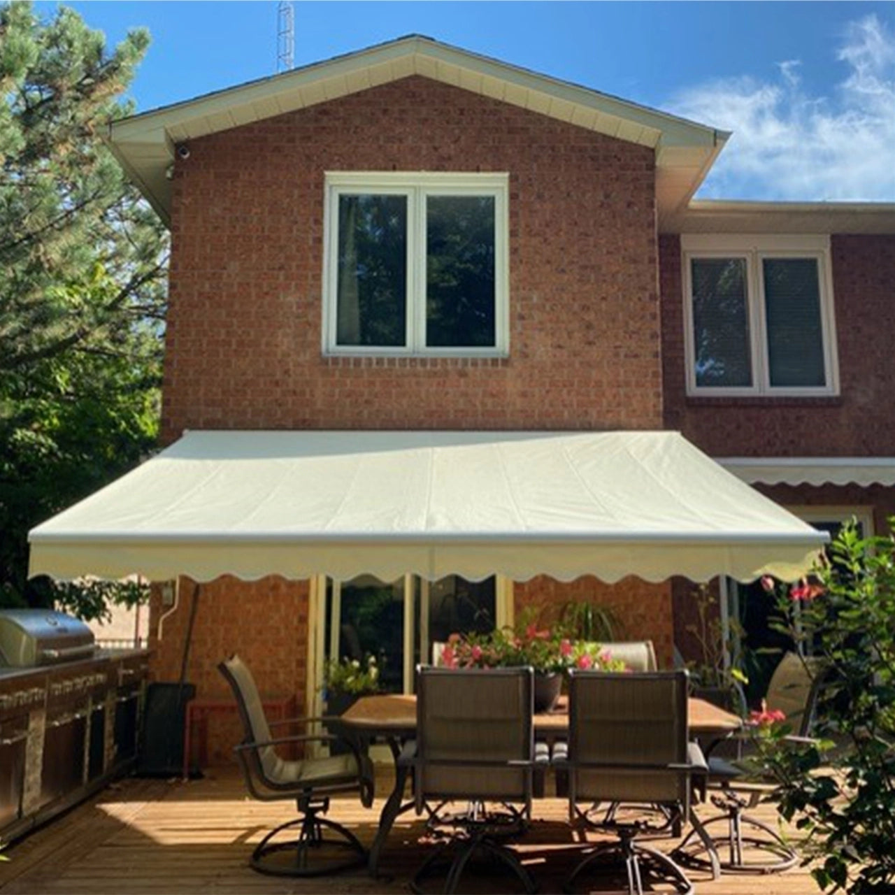 Aleko 10x8 Feet Motorized Retractable Patio Awning with White Frame in Ivory - Perfect for Outdoor Shade, Backyard Relaxation, and Deck Protection