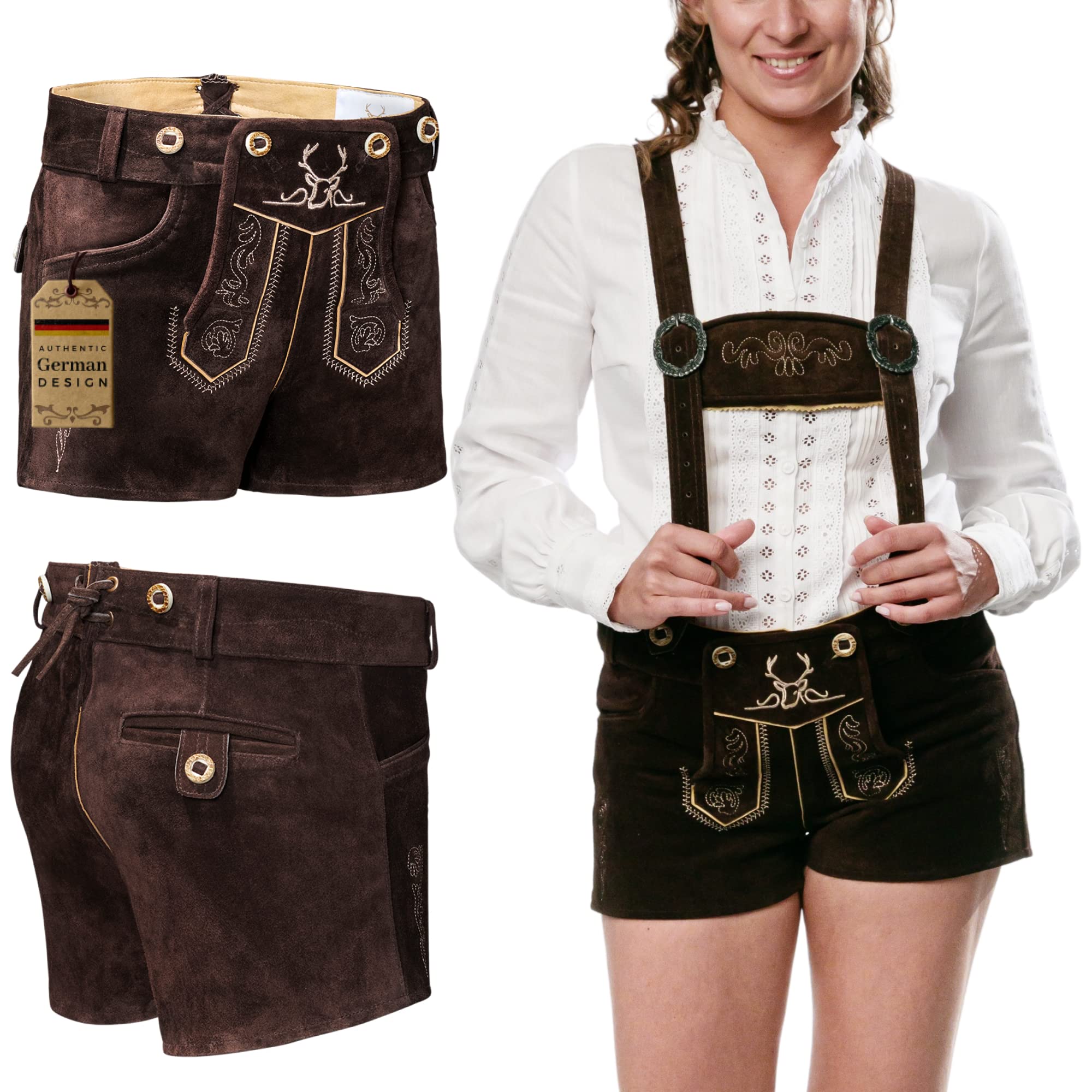 Authentic Bavarian Lederhosen for Women - Traditional Oktoberfest Costume - Ladies German Wurstfest Outfit in Chocolate Brown - Leather Shorts for Beer Festival & Cultural Events