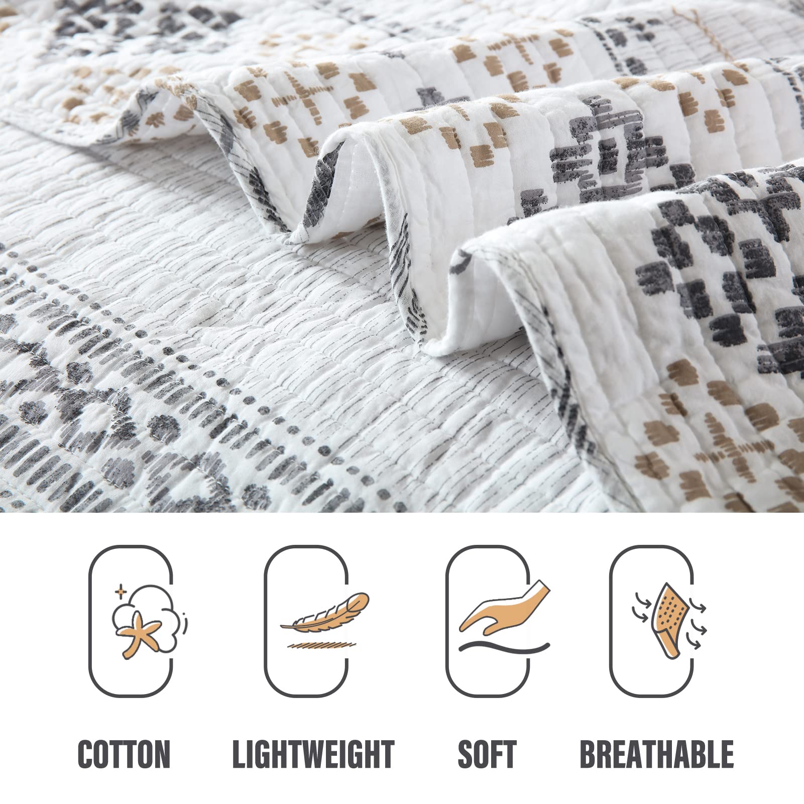 Y-PLWOMEN 100% Cotton King Size Boho Quilt Set - Lightweight Bohemian Bedspread for All Seasons (3-Piece, White) | Perfect for Master Bedrooms, Guest Rooms & Bohemian Home Decor
