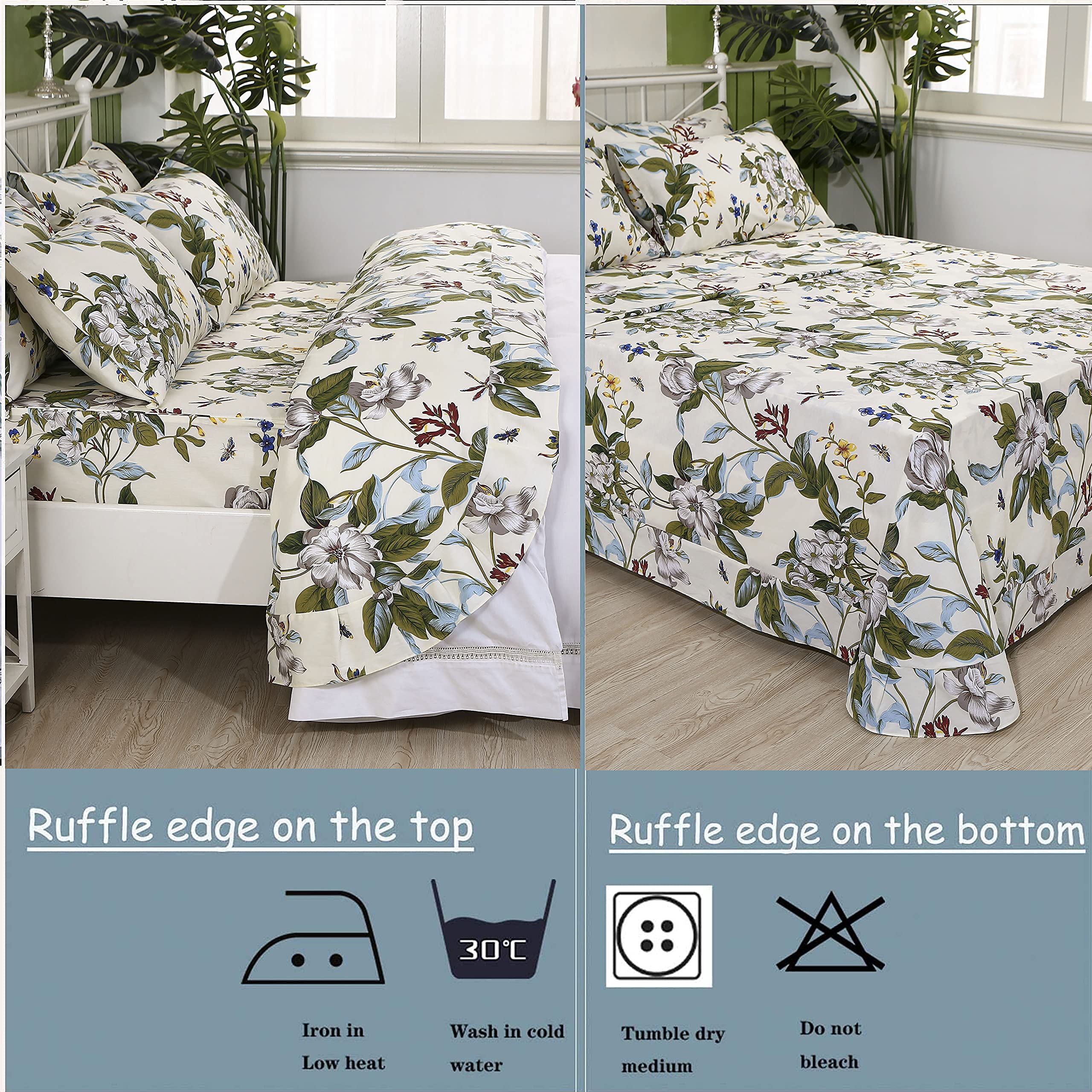 FADFAY 100% Cotton Floral Duvet Cover Set - Green Beige Striped Shabby Chic Queen Size Bedding with Deep Pocket Sheets (7-Piece Set) for Cozy Bedroom Decor & Guest Room Makeover