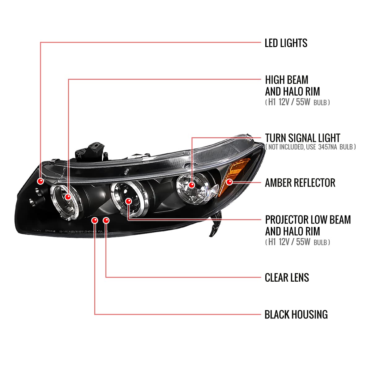 2006-2011 2-Door Car Black LED Halo Projector Headlights - High Performance Replacement Headlamps Pair for Enhanced Night Visibility | Perfect for Street Racing, Off-Roading & Night Driving