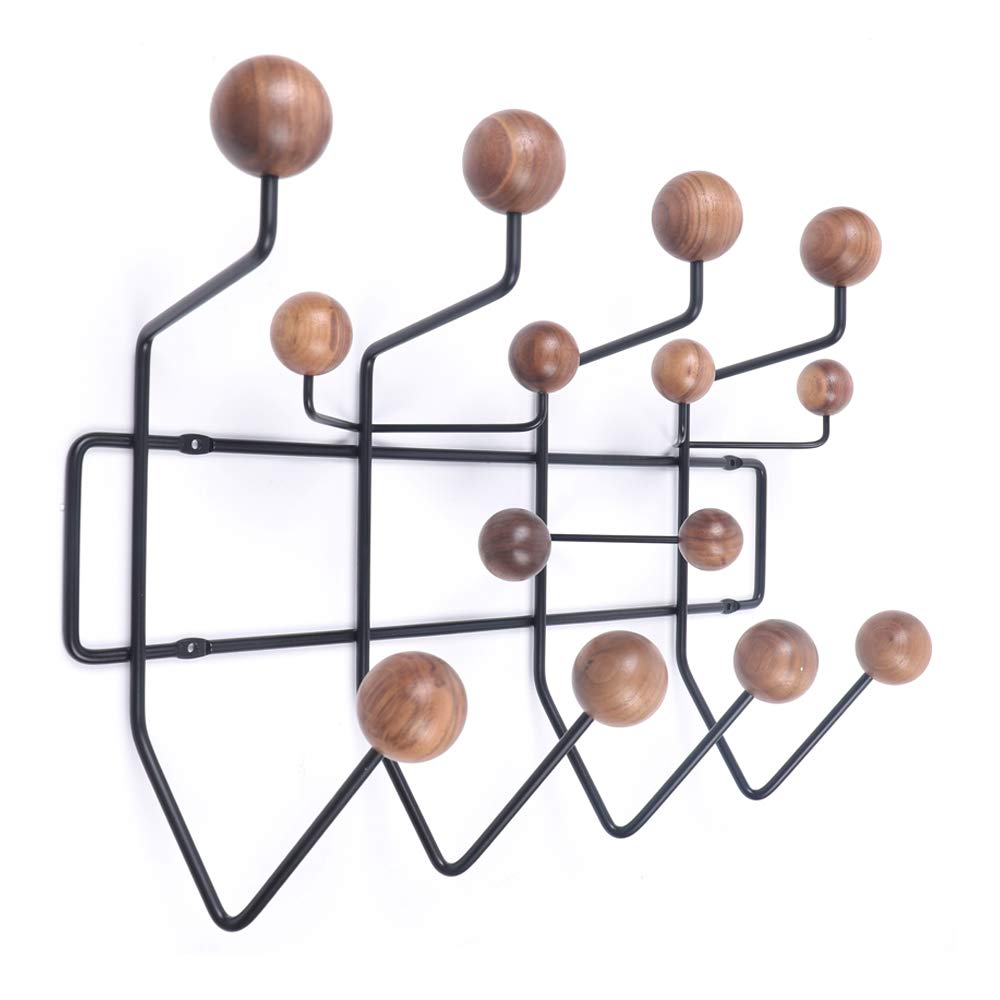 Modern Walnut Wooden Ball Wall Mounted Coat Hooks - Sturdy Metal Clothes & Hat Hanger for Entryway, Bedroom & Mudroom Organization