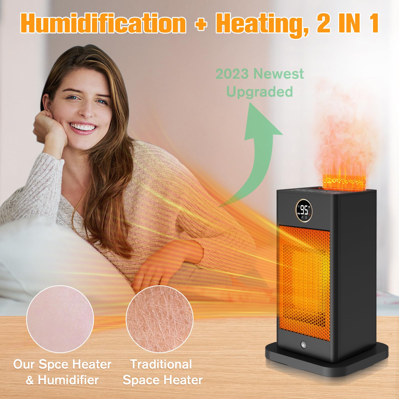 1500W PTC Fast Heating Space Heater with Humidifier & 3D Flame Effect - Oscillating Indoor Heater for Large Rooms Up to 260 sq.ft - Perfect for Bedroom, Office, and Living Room - Energy Efficient & Safe with Overheat Protection