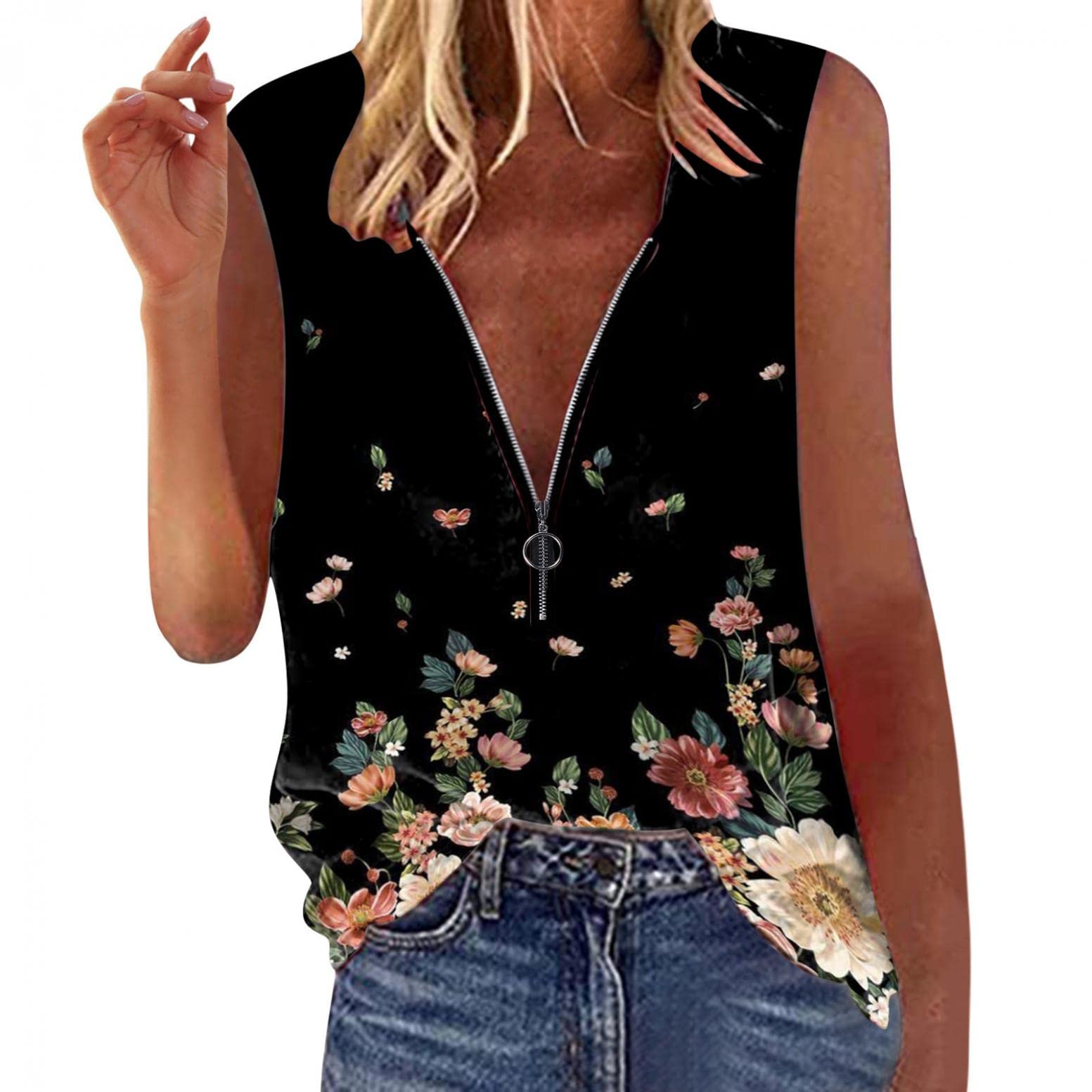 Trendy Women's Deep V Neck Zipper Sleeveless Tank Top - Casual Solid Color Summer Tops for Women - Perfect for Gym, Beach, and Everyday Wear