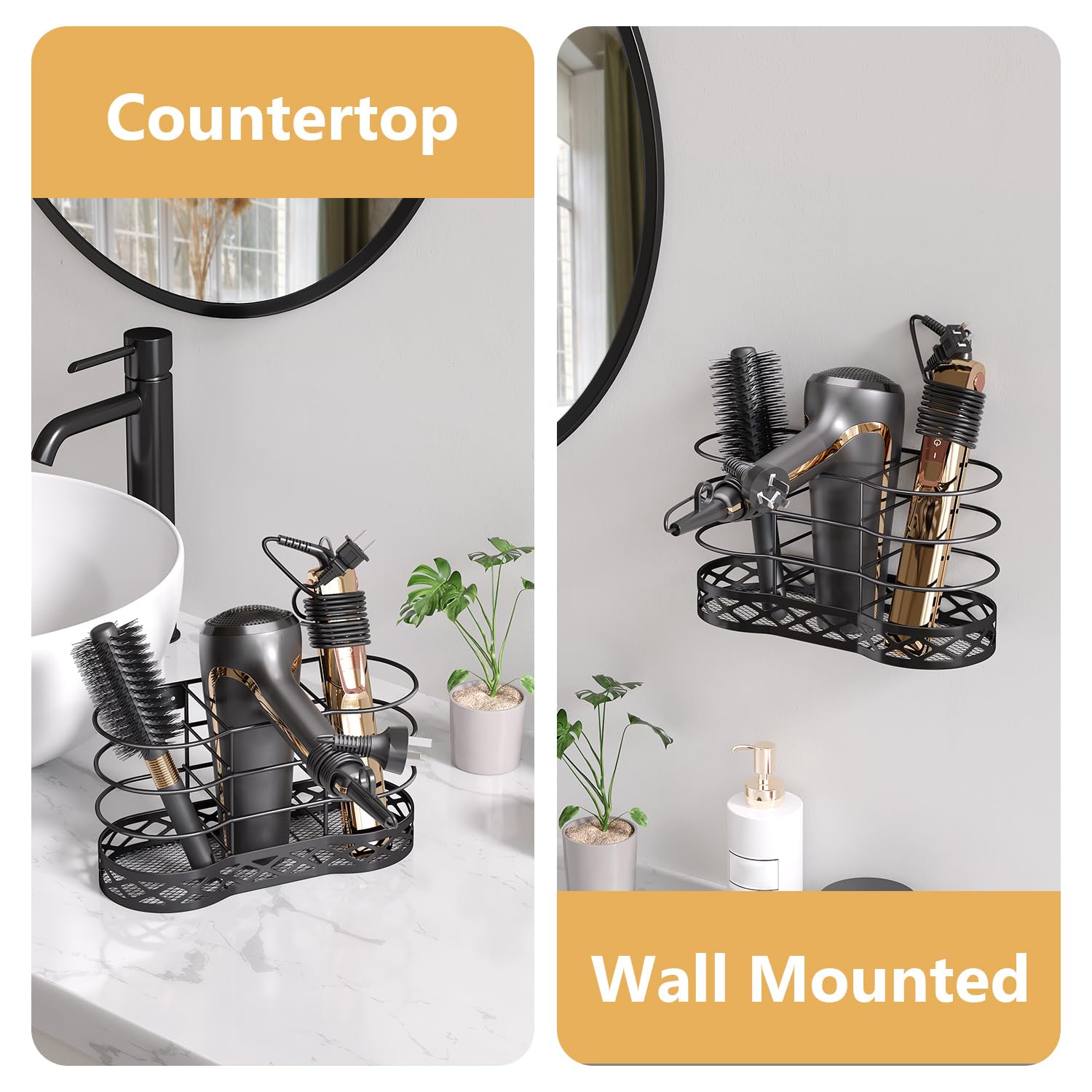 Black Hair Dryer Holder & Organizer - Wall Mount Blow Dryer Storage for Bathroom, Cabinet Door - Perfect for Hair Styling Tools Like Flat Irons & Curling Straighteners - Ideal for Salon, Home & Travel Use