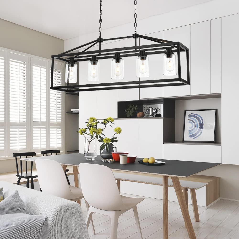 Modern Farmhouse 5-Light Black Metal Cage Chandelier with Clear Glass Shades - Industrial Rectangular Pendant Lighting for Kitchen Island, Dining Room, Foyer, Bar & Entryway | Rustic Home Decor & Ambient Lighting