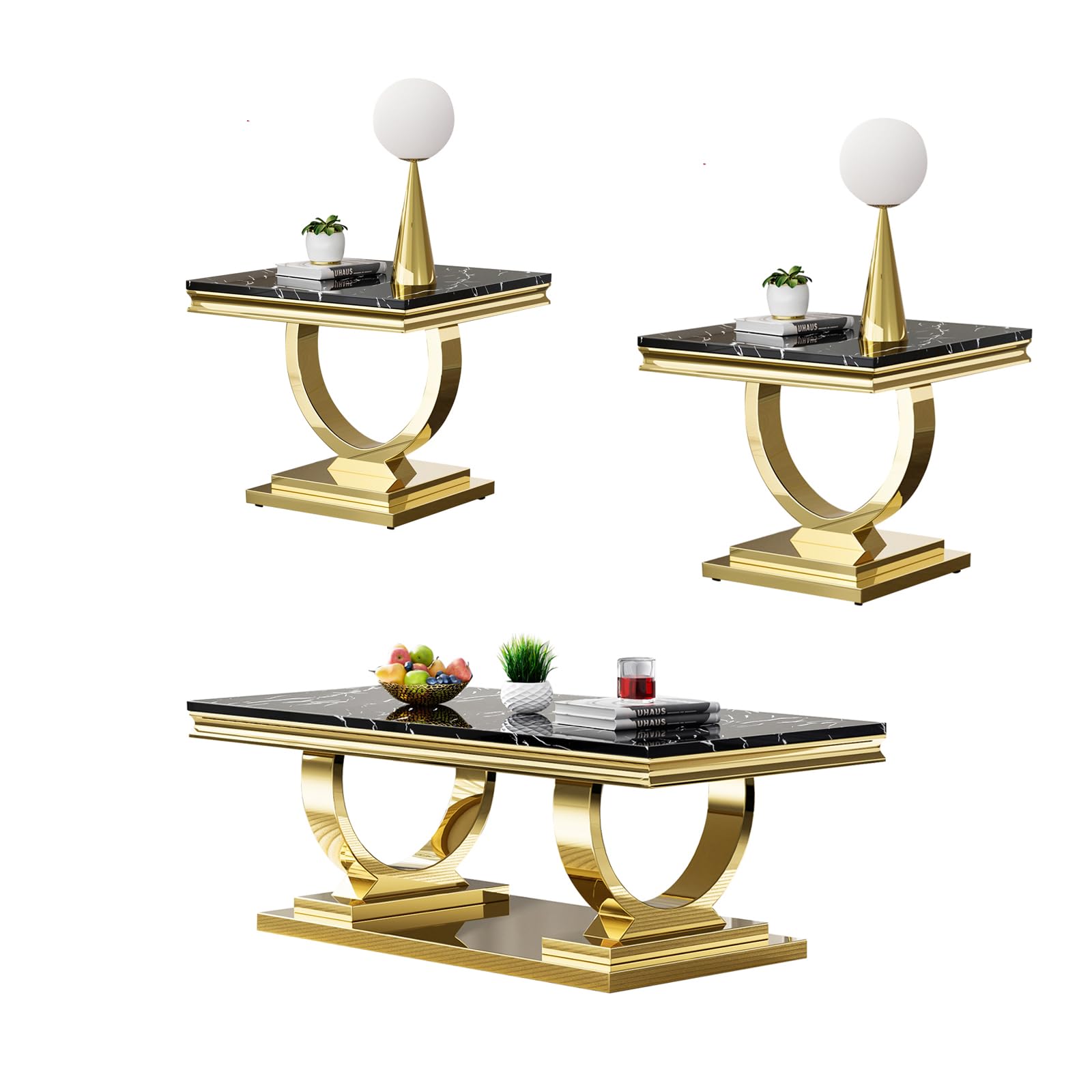 3-Piece Marble Coffee Table Set for Living Room - Faux Marble & Wood Top with Stainless Steel Frame - Modern Nesting Tables for Apartment, Home Office & Lounge (Black) | Perfect for Small Spaces, Coffee Serving & Stylish Home Decor