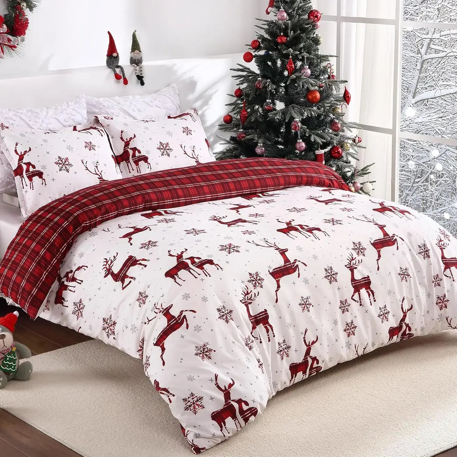 Merry Christmas Duvet Cover Set - Red Elk & Snowflake Bedding for Holiday Decor | Cozy Winter Bedroom Upgrade | Perfect Christmas Gift for Family & Friends