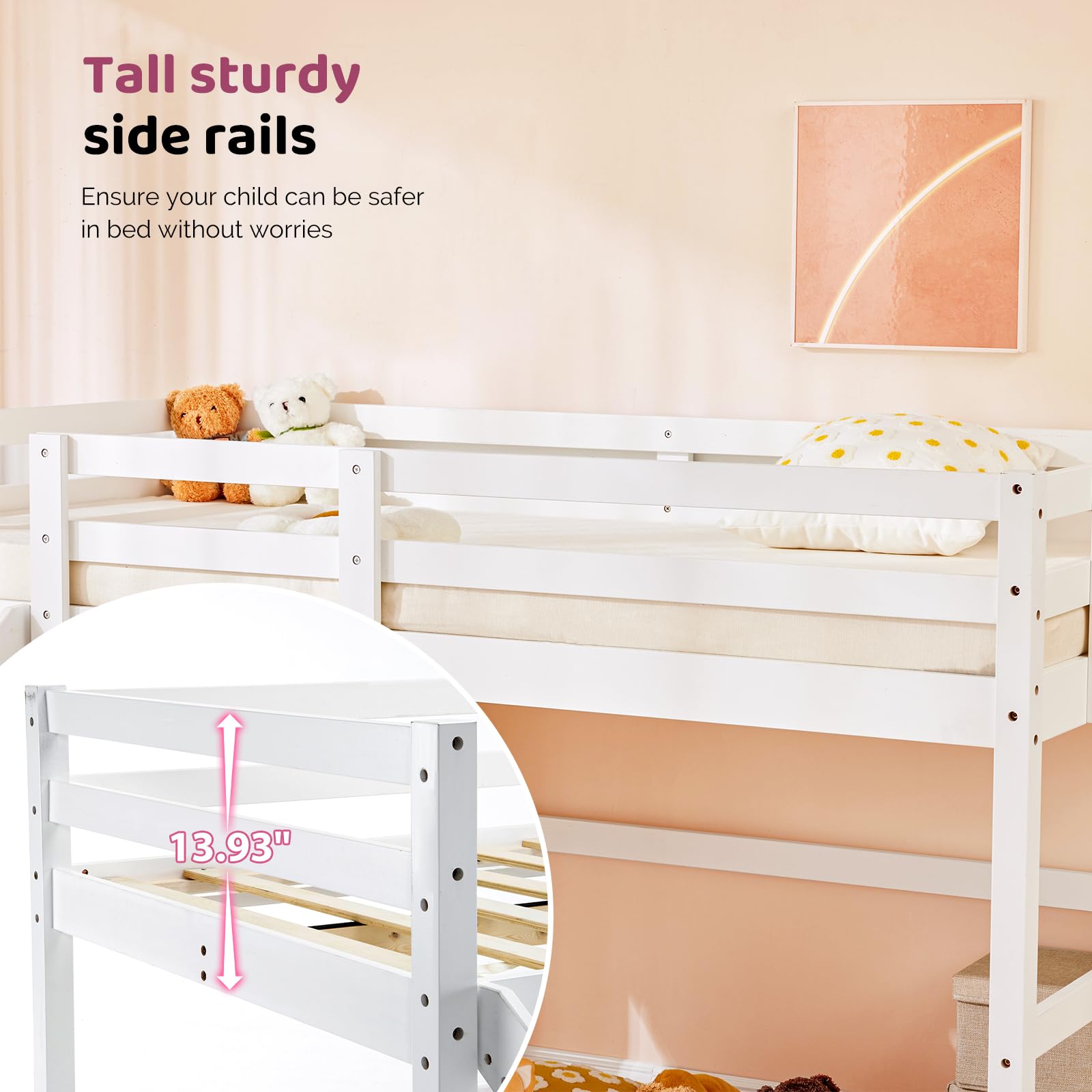 VINGLI Twin Loft Bed with Slide - Space Saving Kids Low Loft Bed with Guardrail & Ladder - Sturdy Pine Wood Bed Frame for Boys & Girls (White) - Perfect for Small Bedrooms & Playrooms