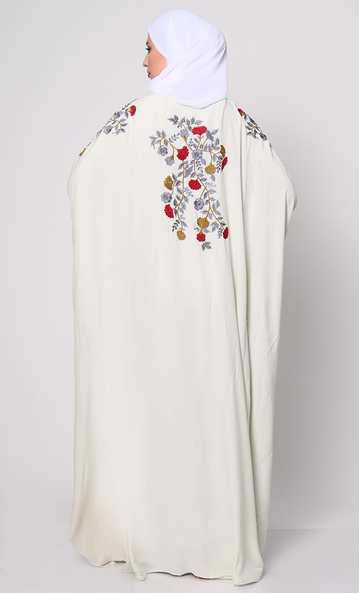 Elegant Floral Embroidered Ivory Kaftan Dress with Pockets - Perfect for Beach Cover Up, Summer Vacation & Boho Chic Outfits