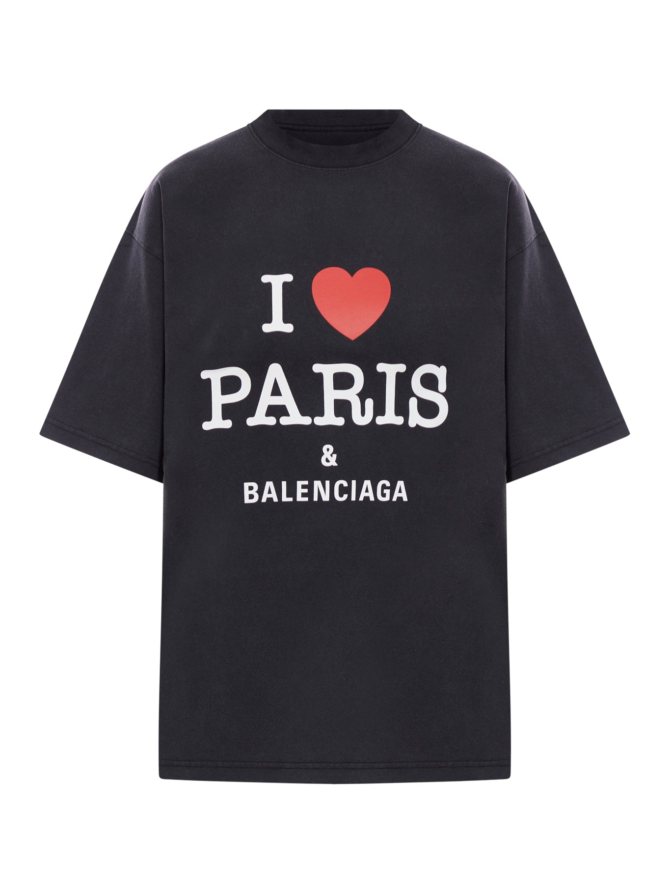 Balenciaga Medium Fit Black Washed T-Shirt - I Love Paris Graphic Tee for Men & Women | Casual Streetwear & Urban Fashion