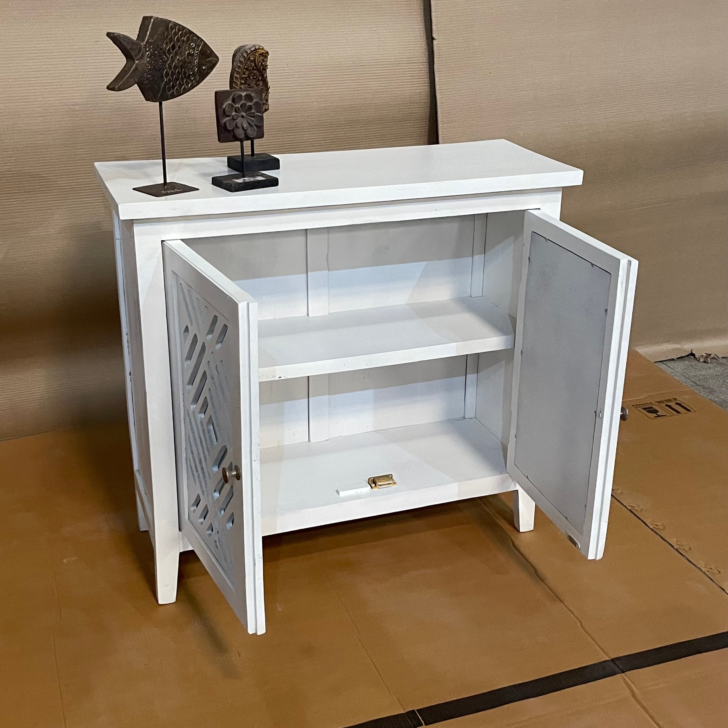 Handcrafted Indian Solid Hardwood Cabinet with 2 Mirror Doors - White (81x31x75cm) | Elegant Storage Solution for Bedroom, Living Room & Entryway