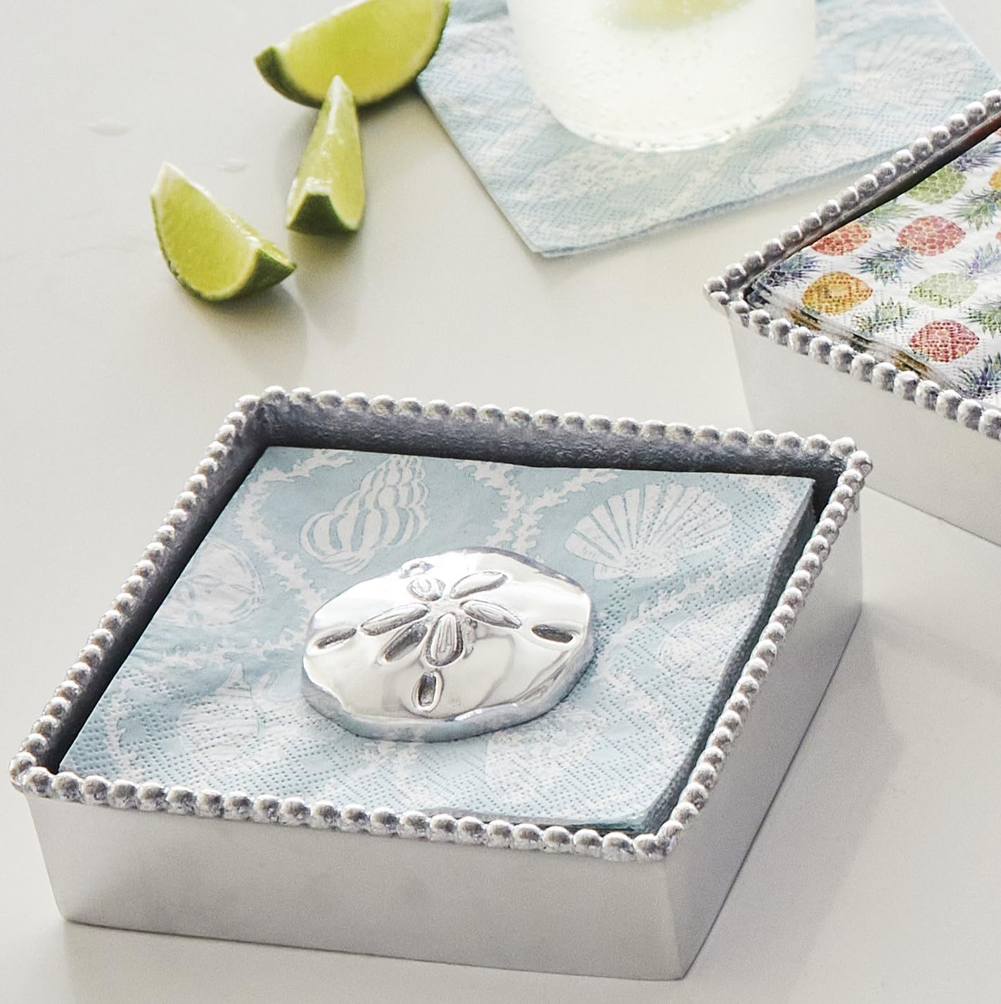 Mariposa Sand Dollar Beaded Napkin Holder Box - Elegant Coastal Decor for Beach Weddings, Dinner Parties & Home Table Settings