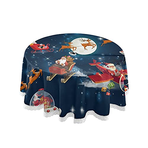 Wusikd Christmas Santa Space Reindeer Round Tablecloth - 60 Inch Outdoor Washable Polyester Table Cover with Umbrella Hole & Lace Trim - Perfect for Camping, Picnics, Patio Parties, BBQs, and Family Gatherings
