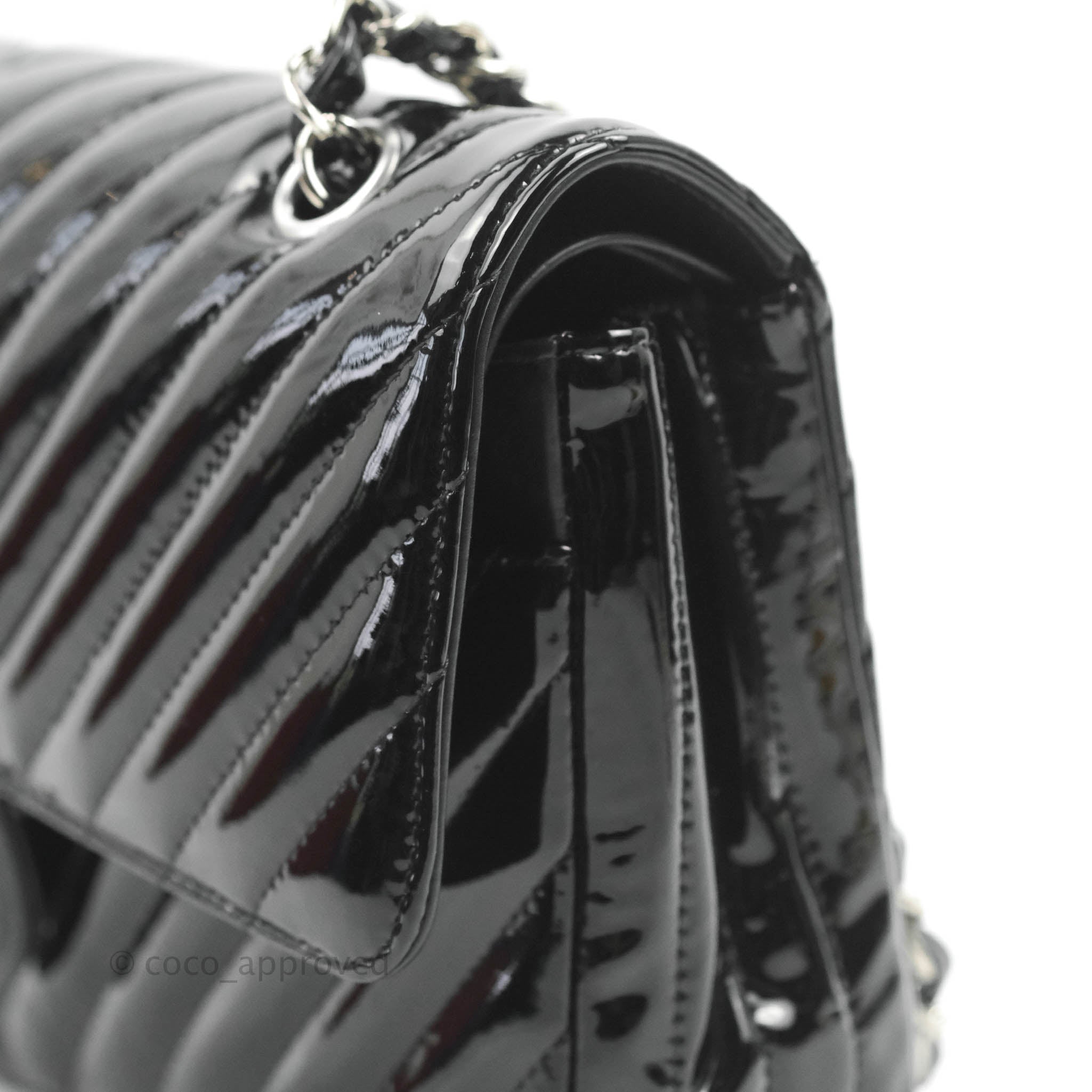 Chanel Classic M/L Medium Chevron Double Flap Bag - Black Patent Leather with Silver Hardware | Luxury Handbag for Women, Perfect for Parties, Work & Evening Events