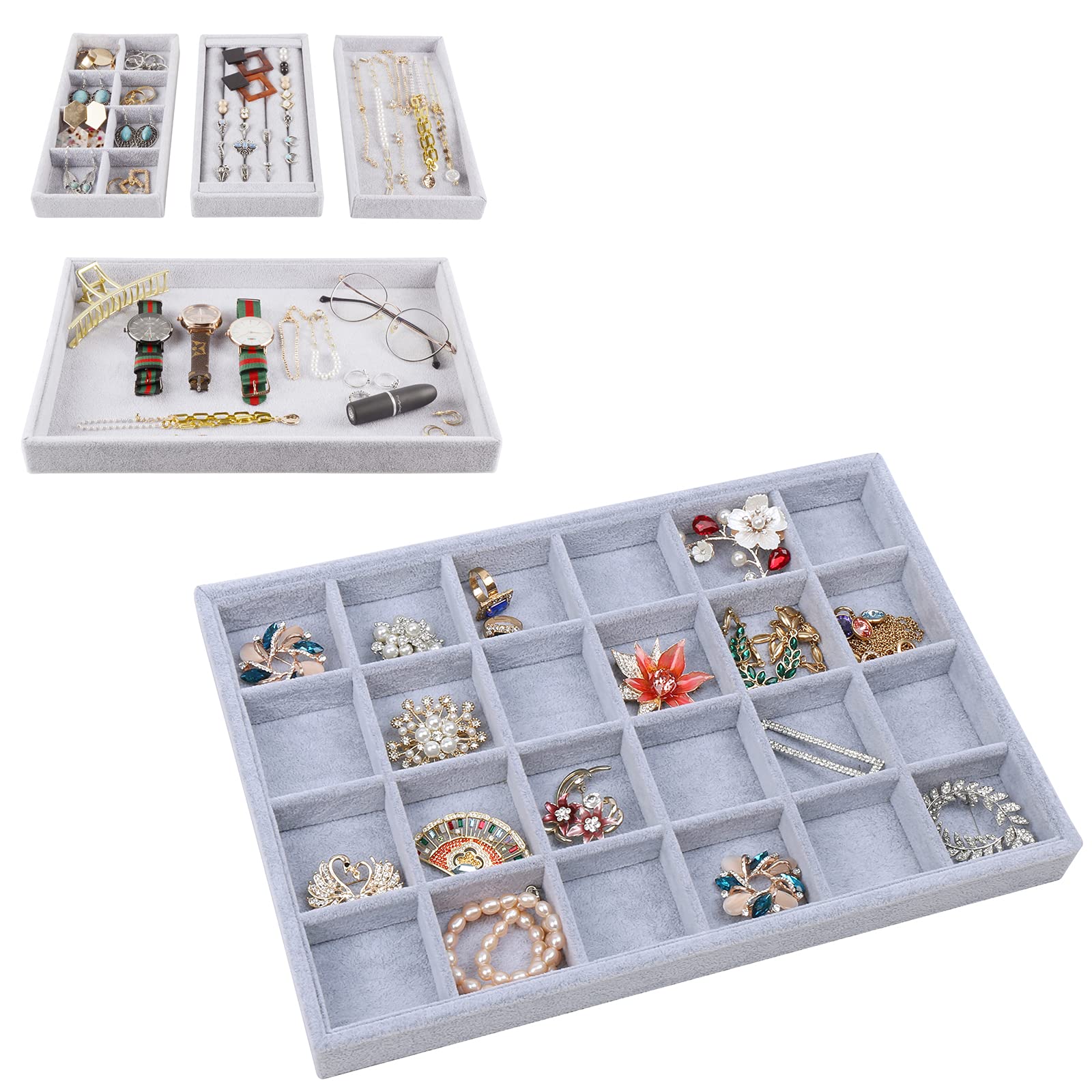 Stackable Jewelry Organizer Trays with 24 Grids - Velvet Lined Jewelry Storage Box for Rings, Earrings & Necklaces - Space Saving Jewelry Display Case for Dresser, Vanity & Travel (Gray)