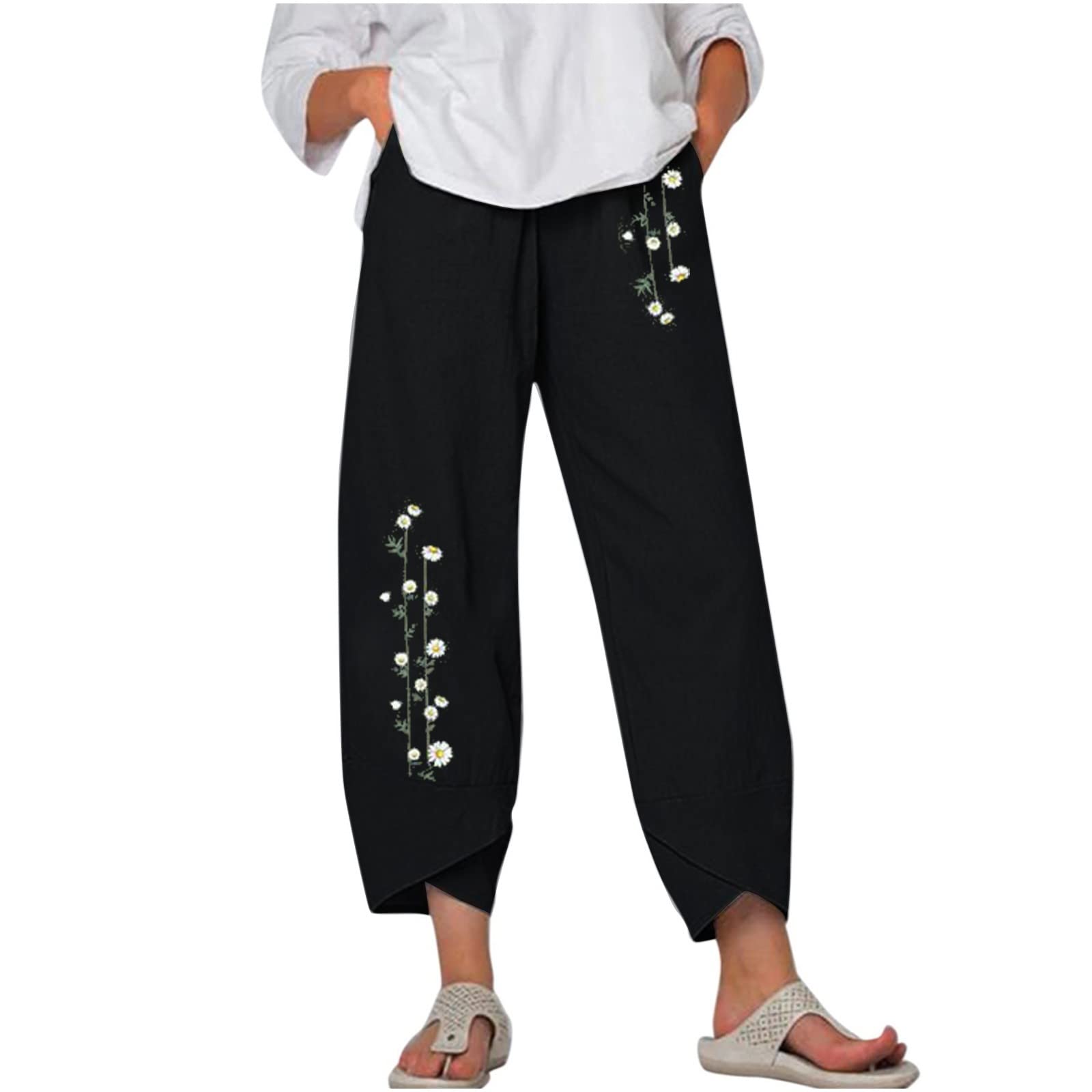 Maternity Work Pants for Women - Summer Casual Loose Cotton Linen Pants with Pockets & Printed Design - Comfortable Pregnancy Activewear for Office, Travel & Everyday Wear